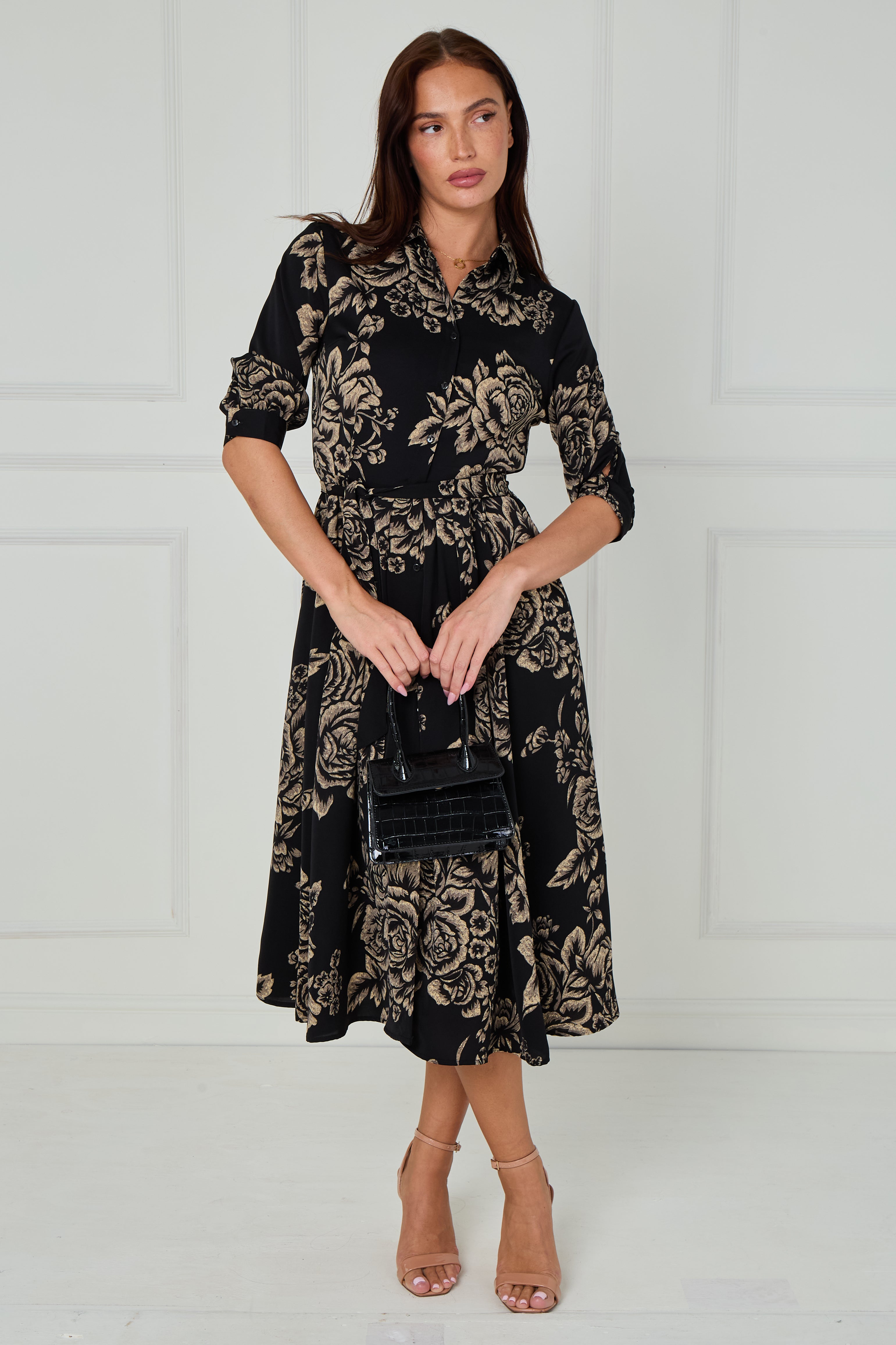 8Pcs Black and Beige Rose Print Midi Shirt Dress