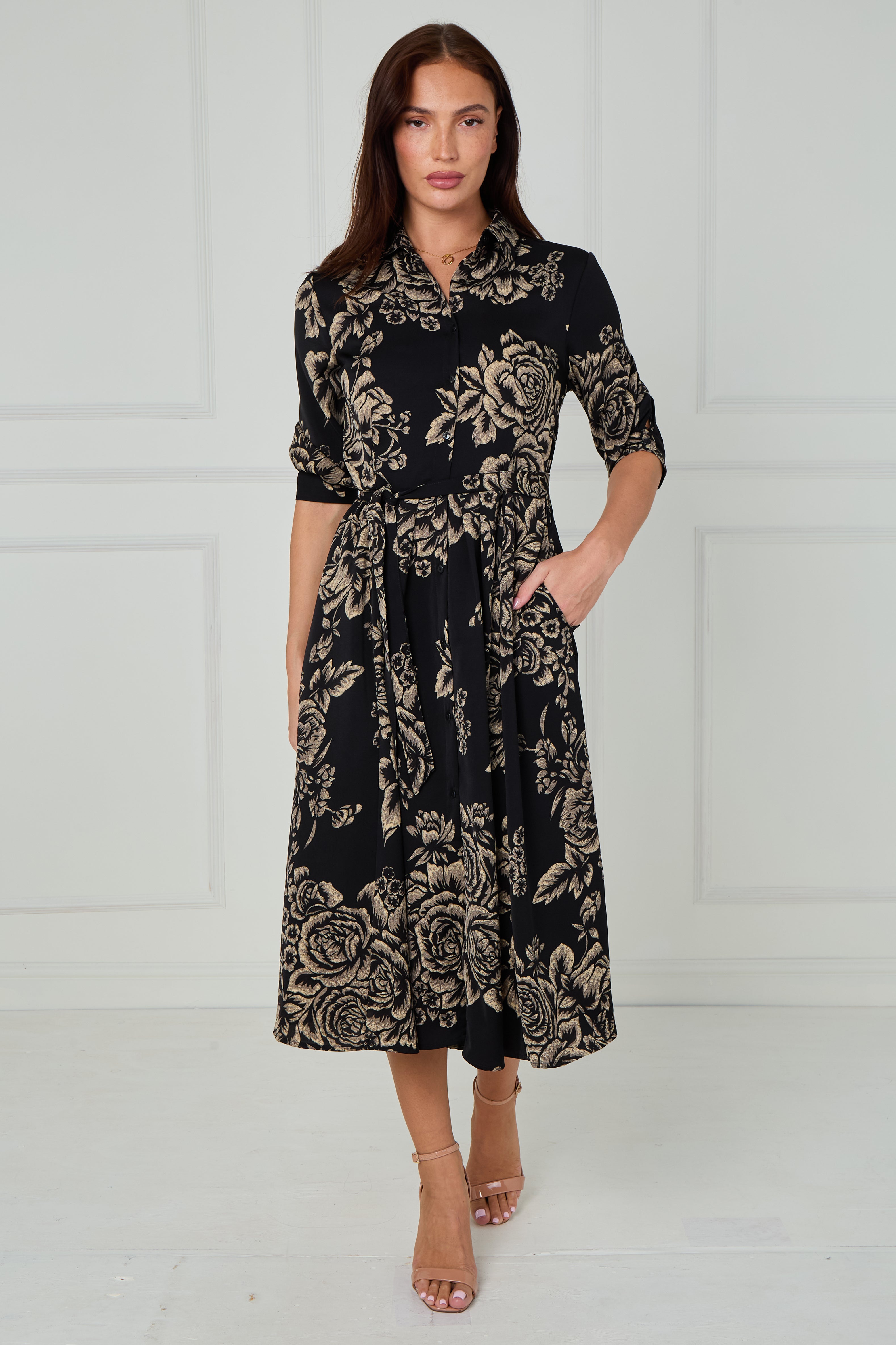 8Pcs Black and Beige Rose Print Midi Shirt Dress