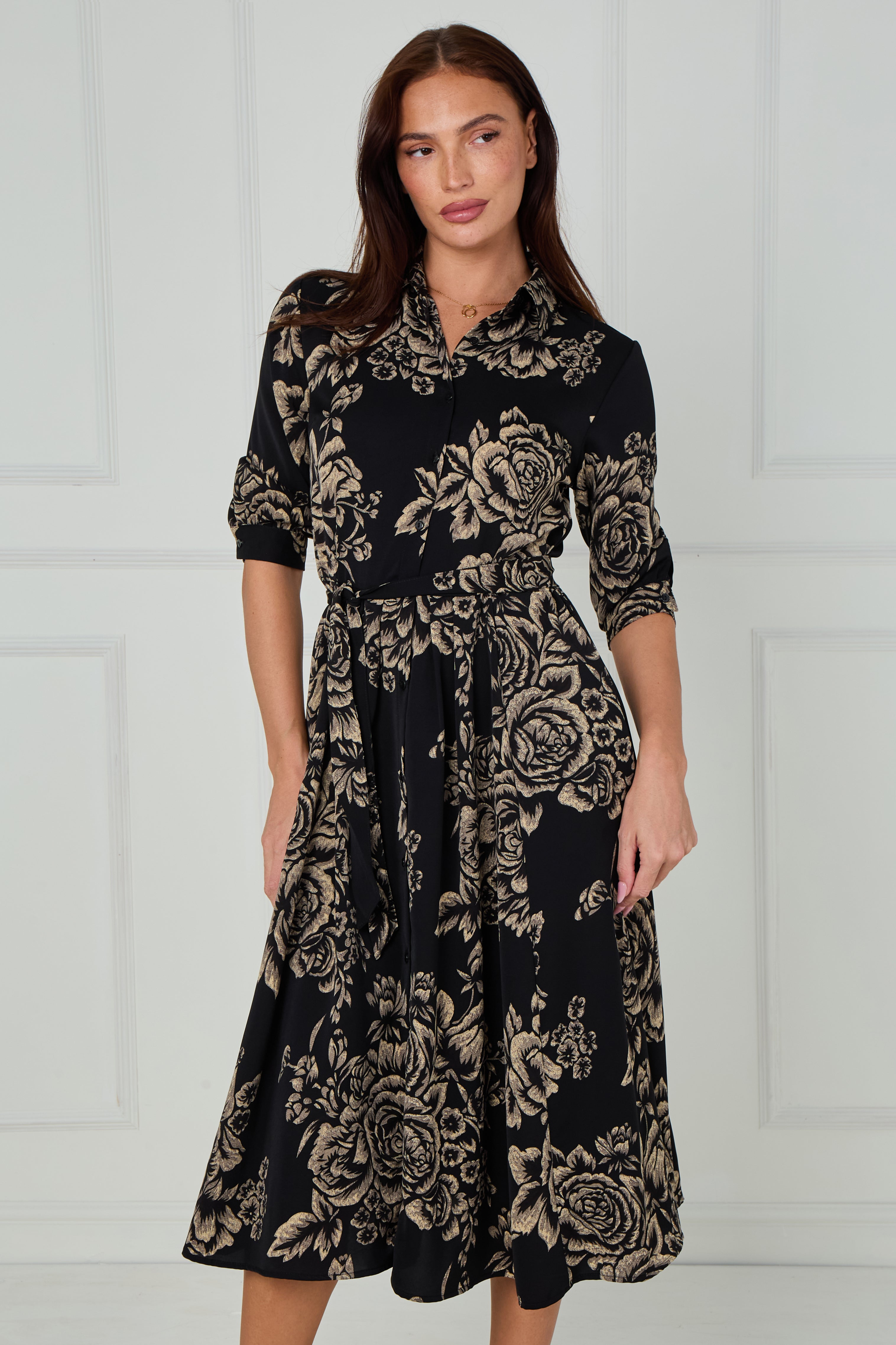 8Pcs Black and Beige Rose Print Midi Shirt Dress