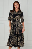 8Pcs Black and Beige Rose Print Midi Shirt Dress