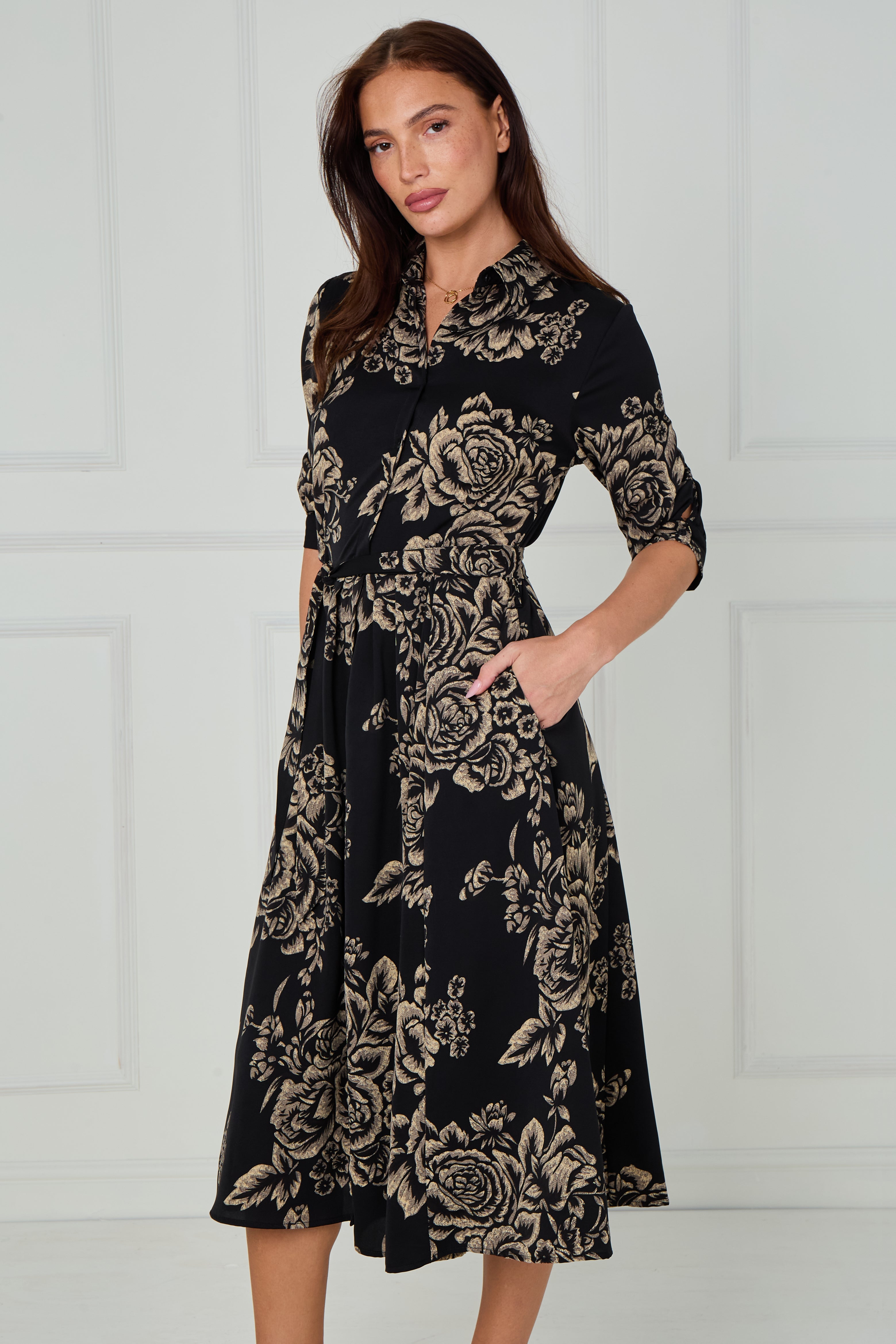8Pcs Black and Beige Rose Print Midi Shirt Dress