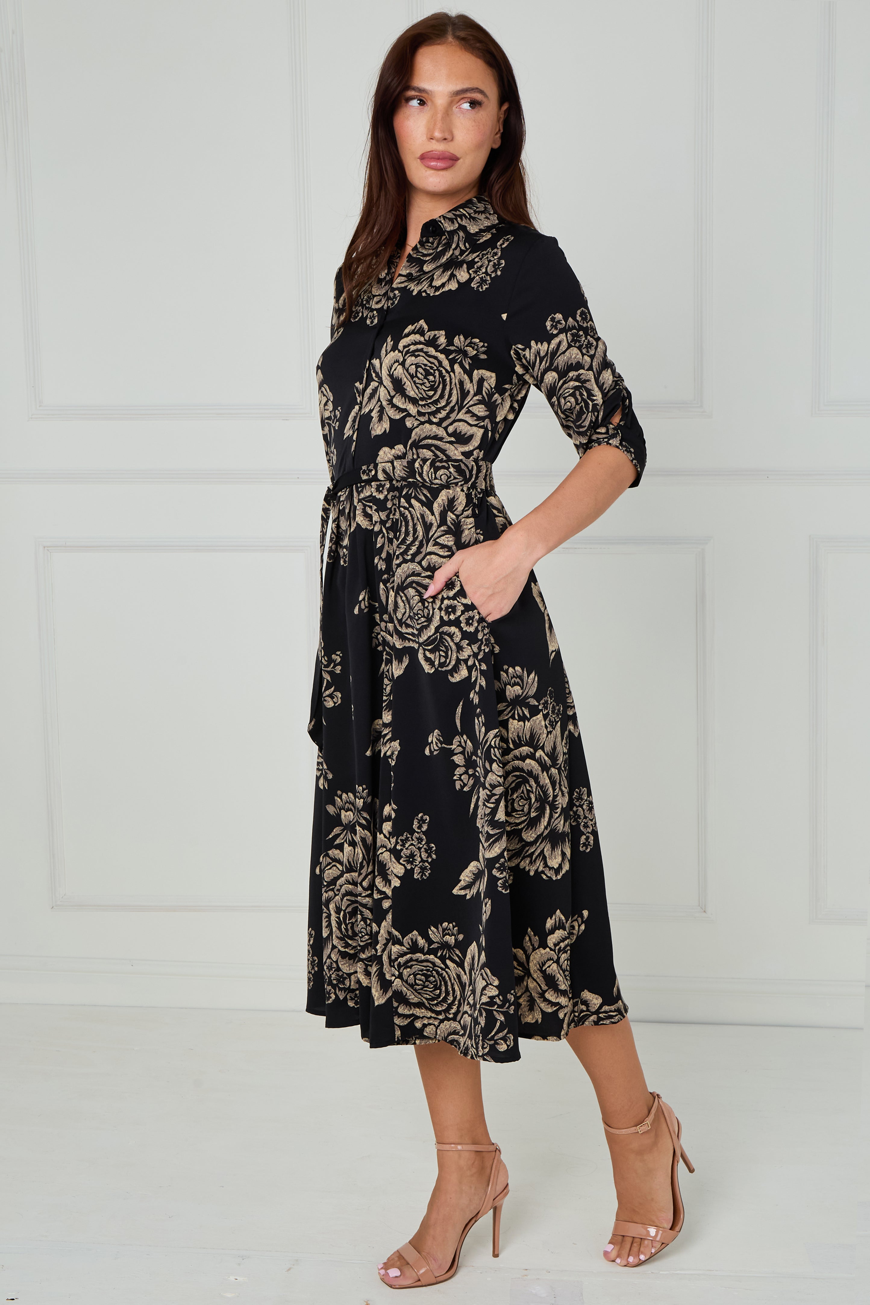 8Pcs Black and Beige Rose Print Midi Shirt Dress