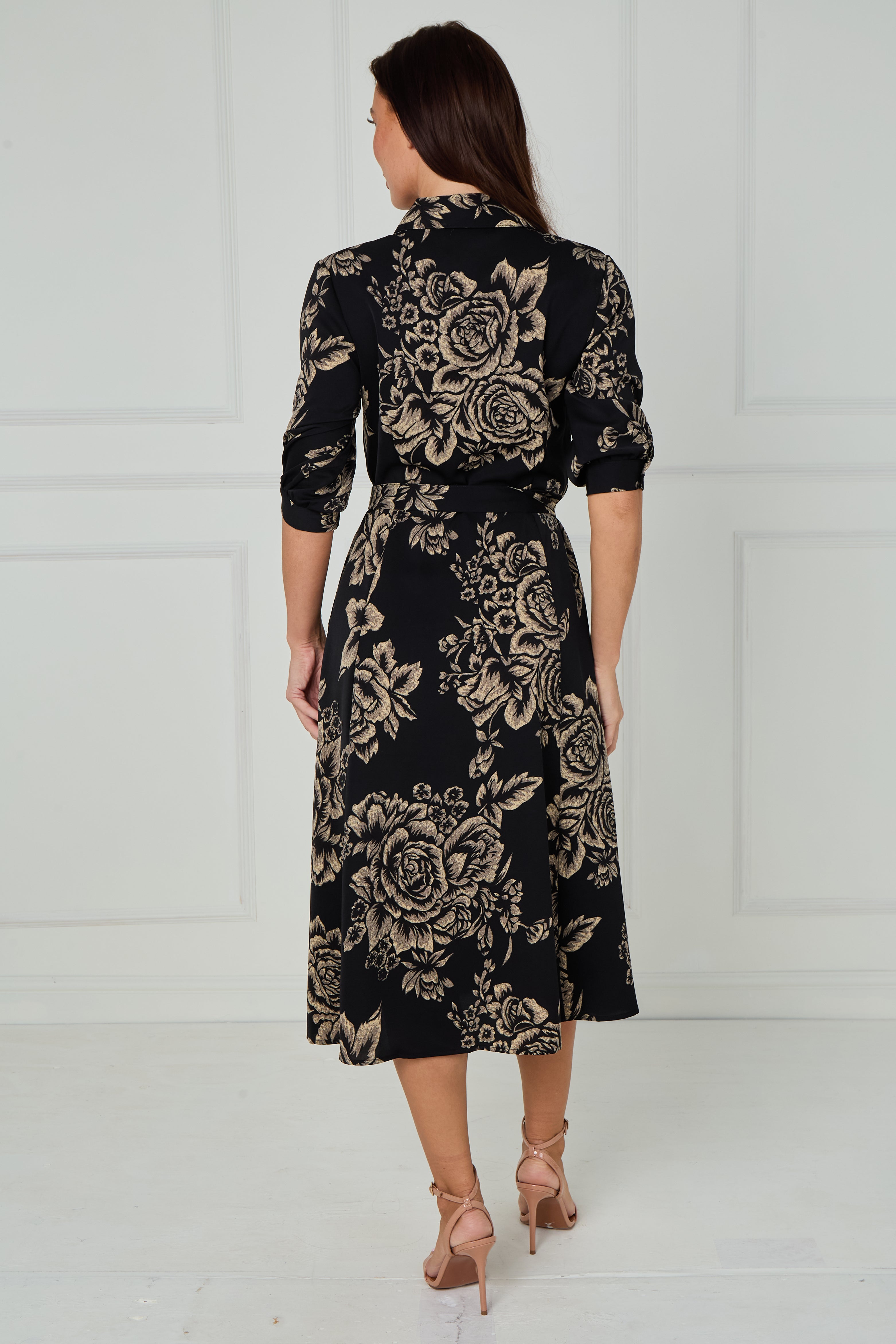 8Pcs Black and Beige Rose Print Midi Shirt Dress