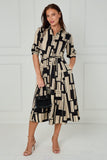 8Pcs Black and Stone Geometric Stripe Print Midi Shirt Dress