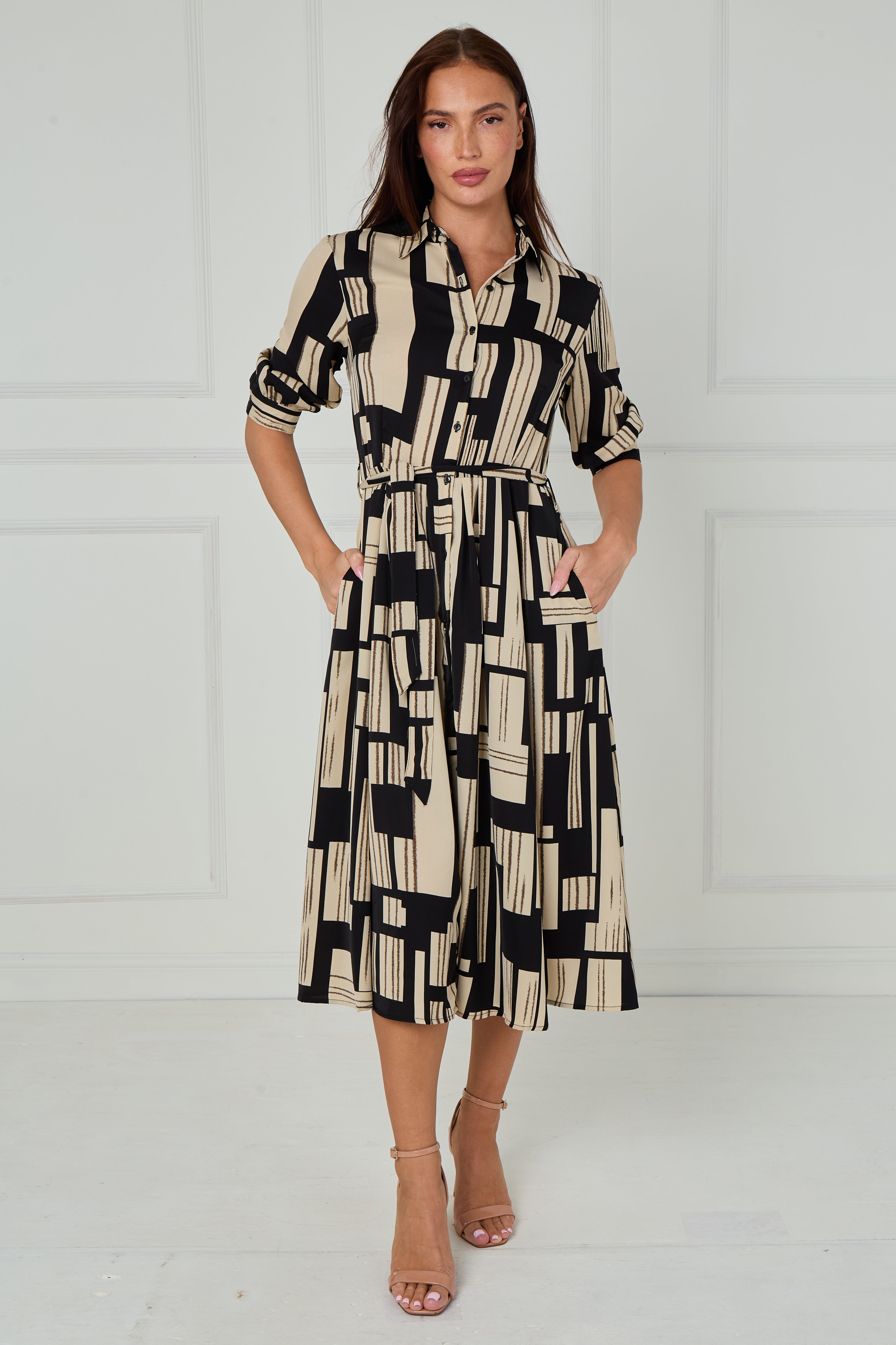 8Pcs Black and Stone Geometric Stripe Print Midi Shirt Dress