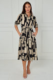 8Pcs Black and Stone Geometric Stripe Print Midi Shirt Dress
