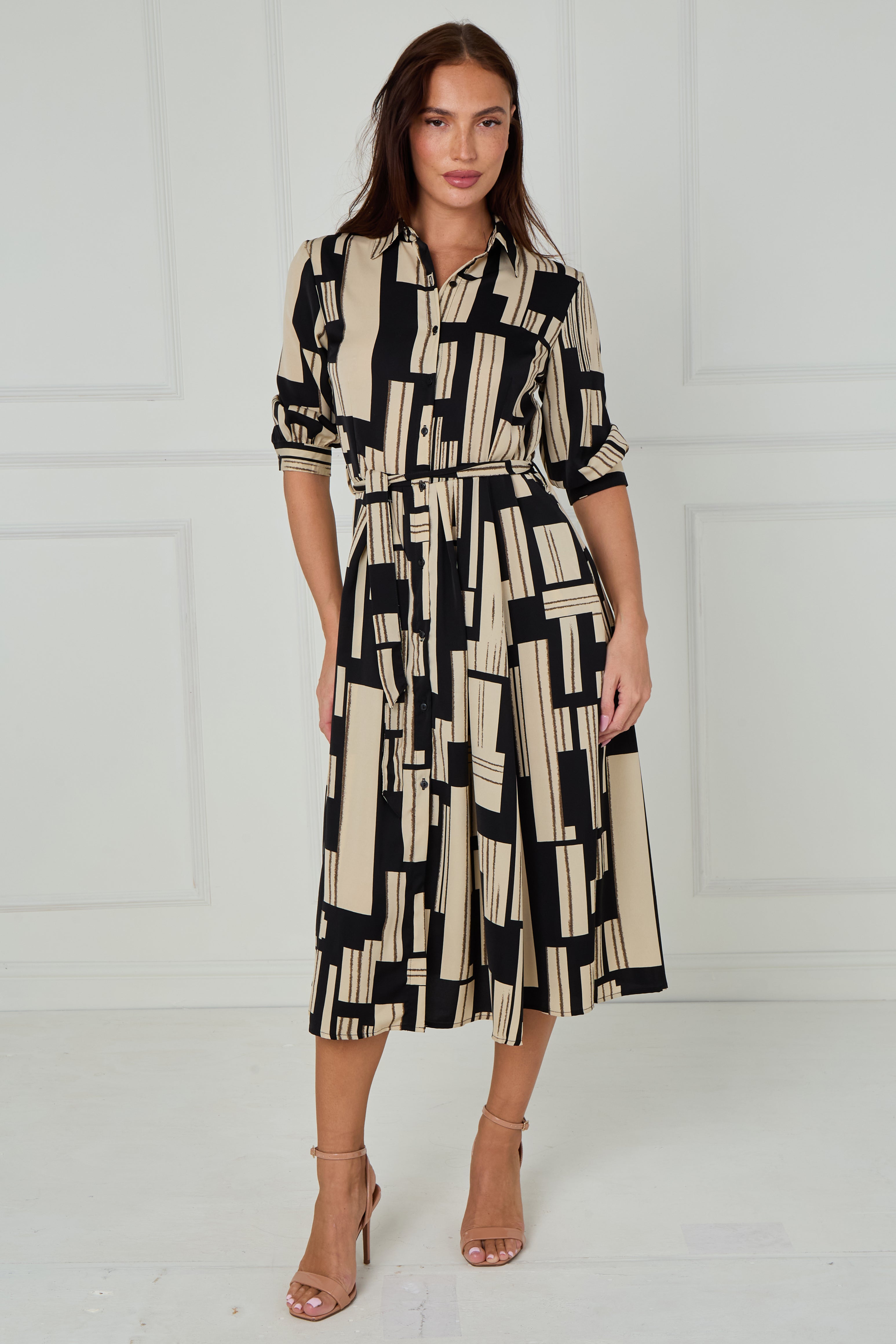 8Pcs Black and Stone Geometric Stripe Print Midi Shirt Dress