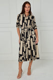 8Pcs Black and Stone Geometric Stripe Print Midi Shirt Dress