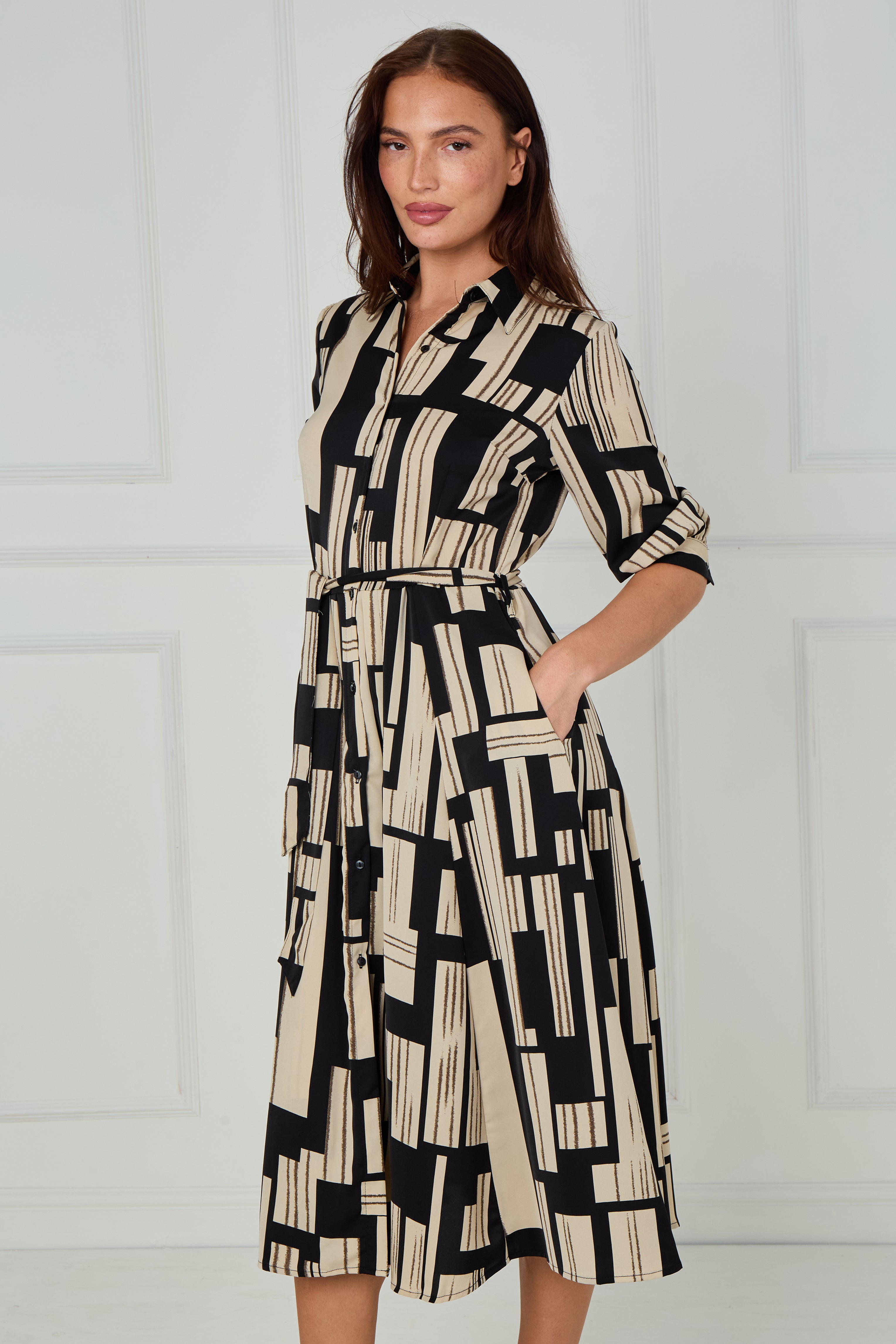 8Pcs Black and Stone Geometric Stripe Print Midi Shirt Dress