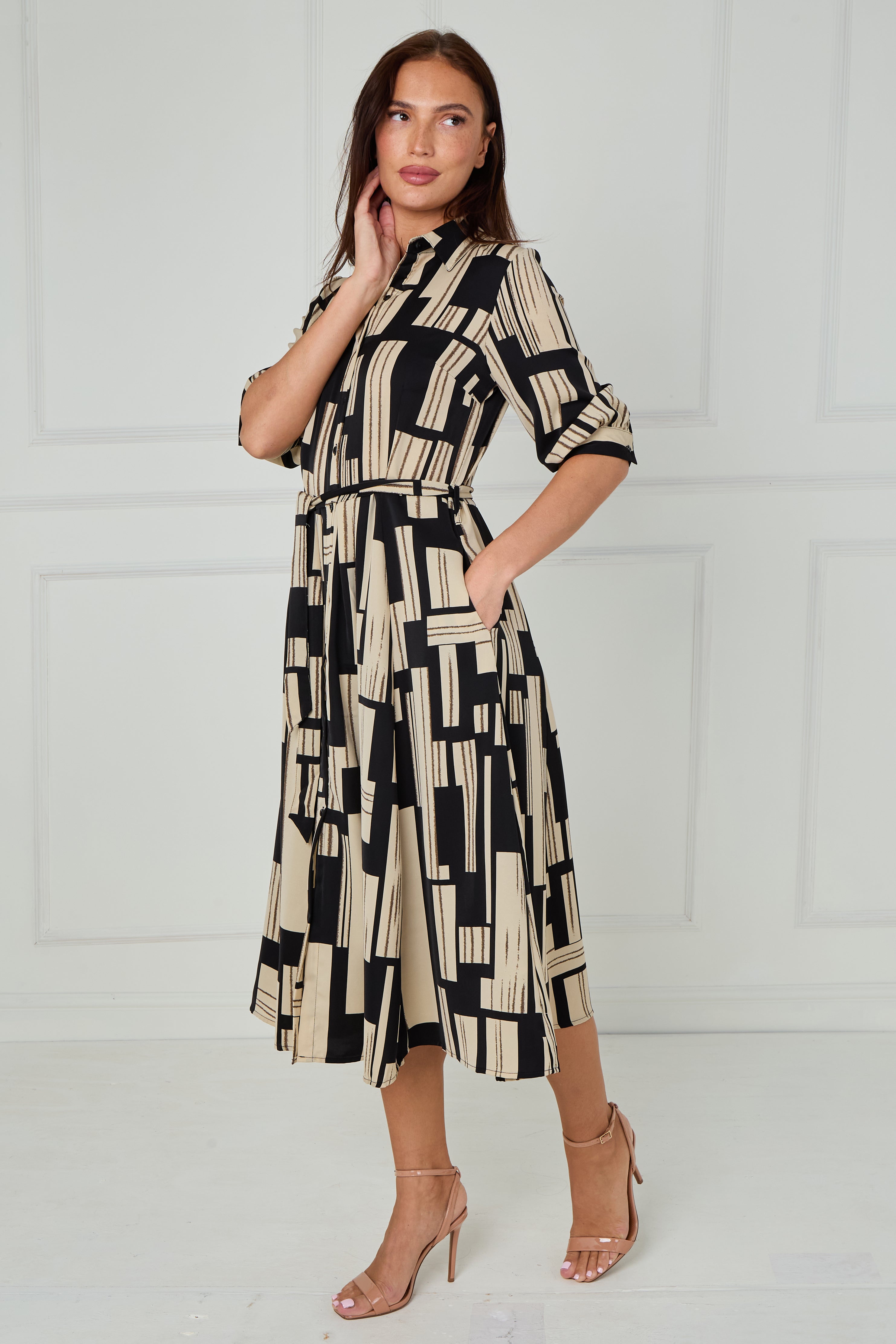 8Pcs Black and Stone Geometric Stripe Print Midi Shirt Dress