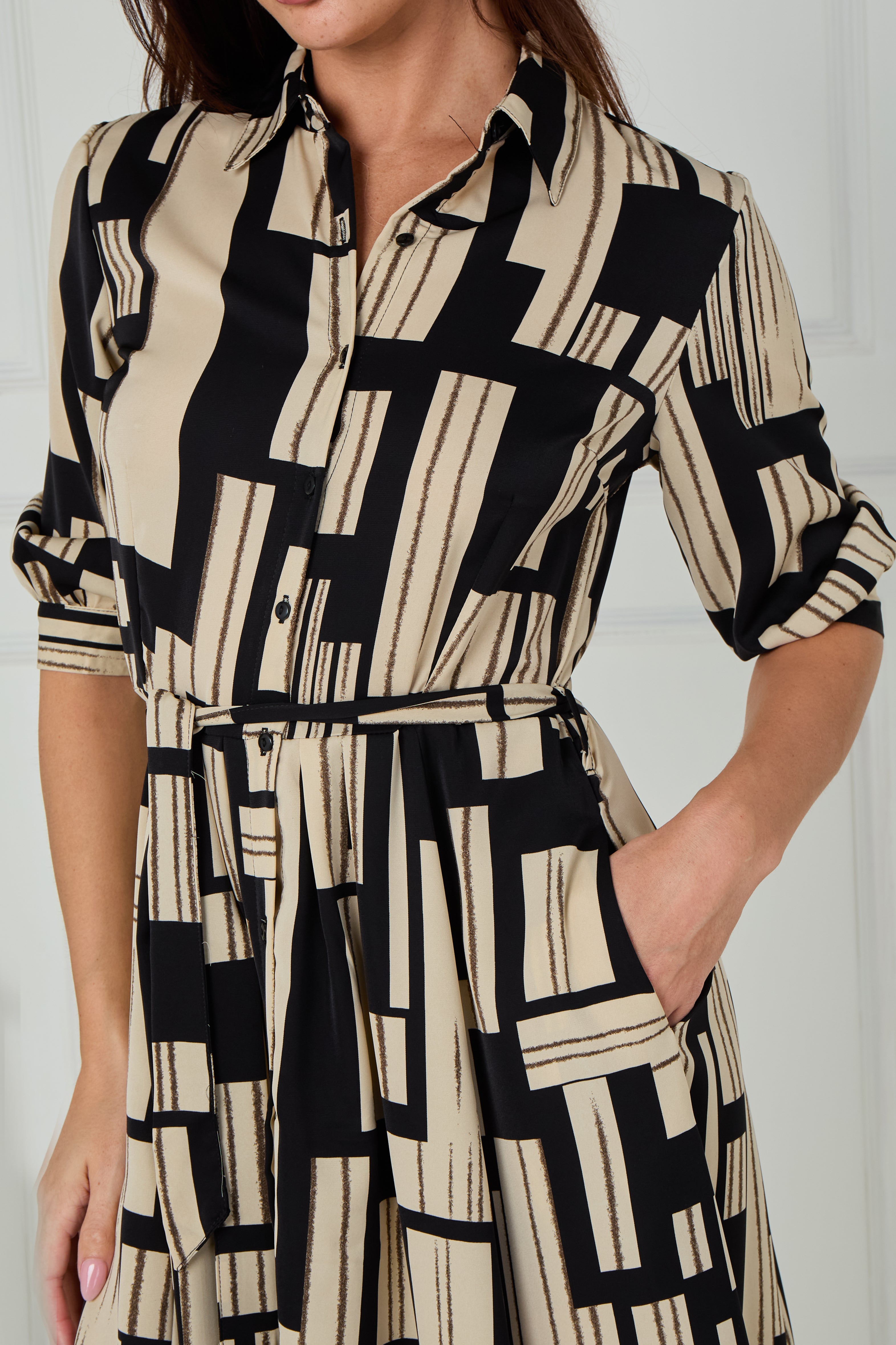 8Pcs Black and Stone Geometric Stripe Print Midi Shirt Dress