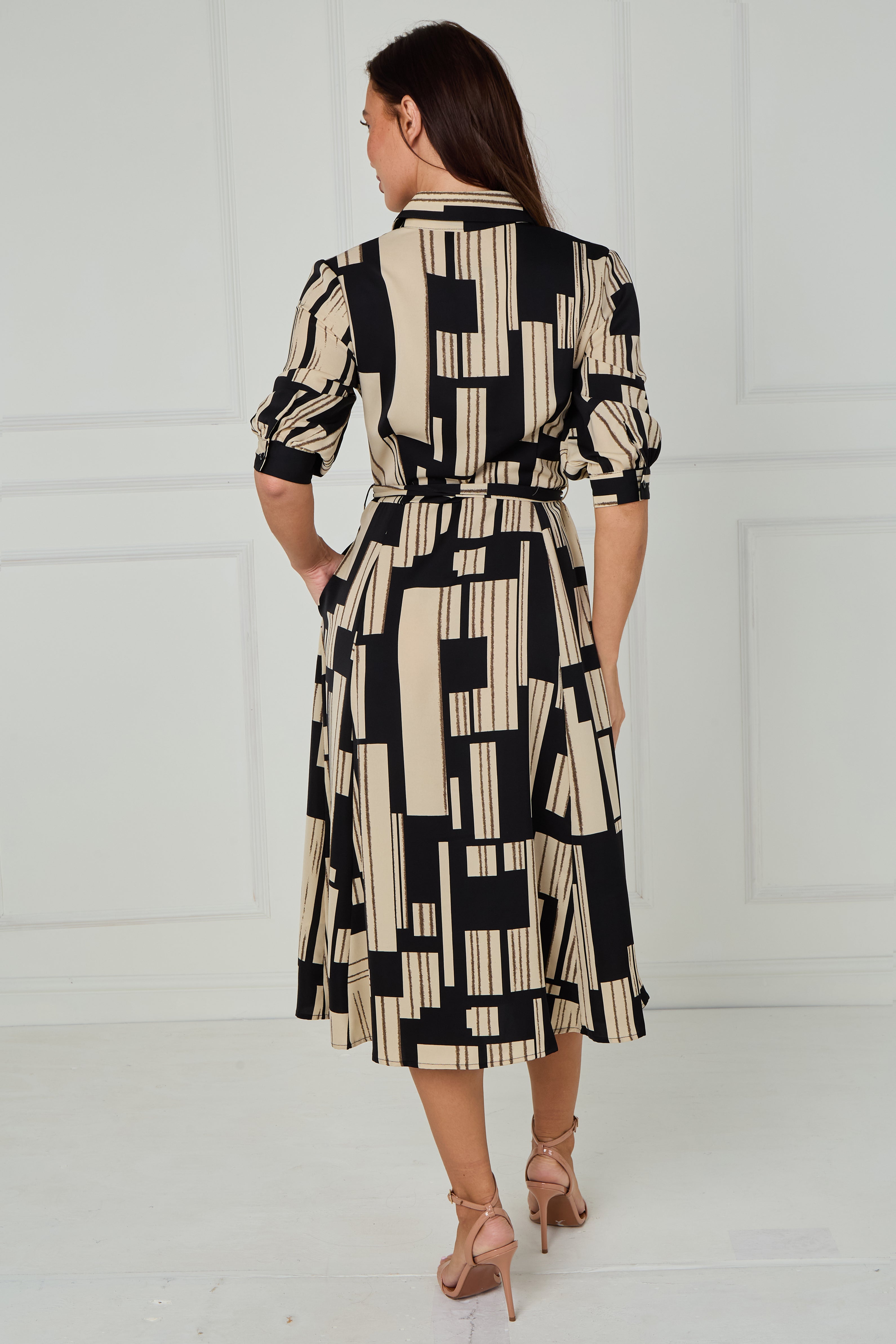 8Pcs Black and Stone Geometric Stripe Print Midi Shirt Dress