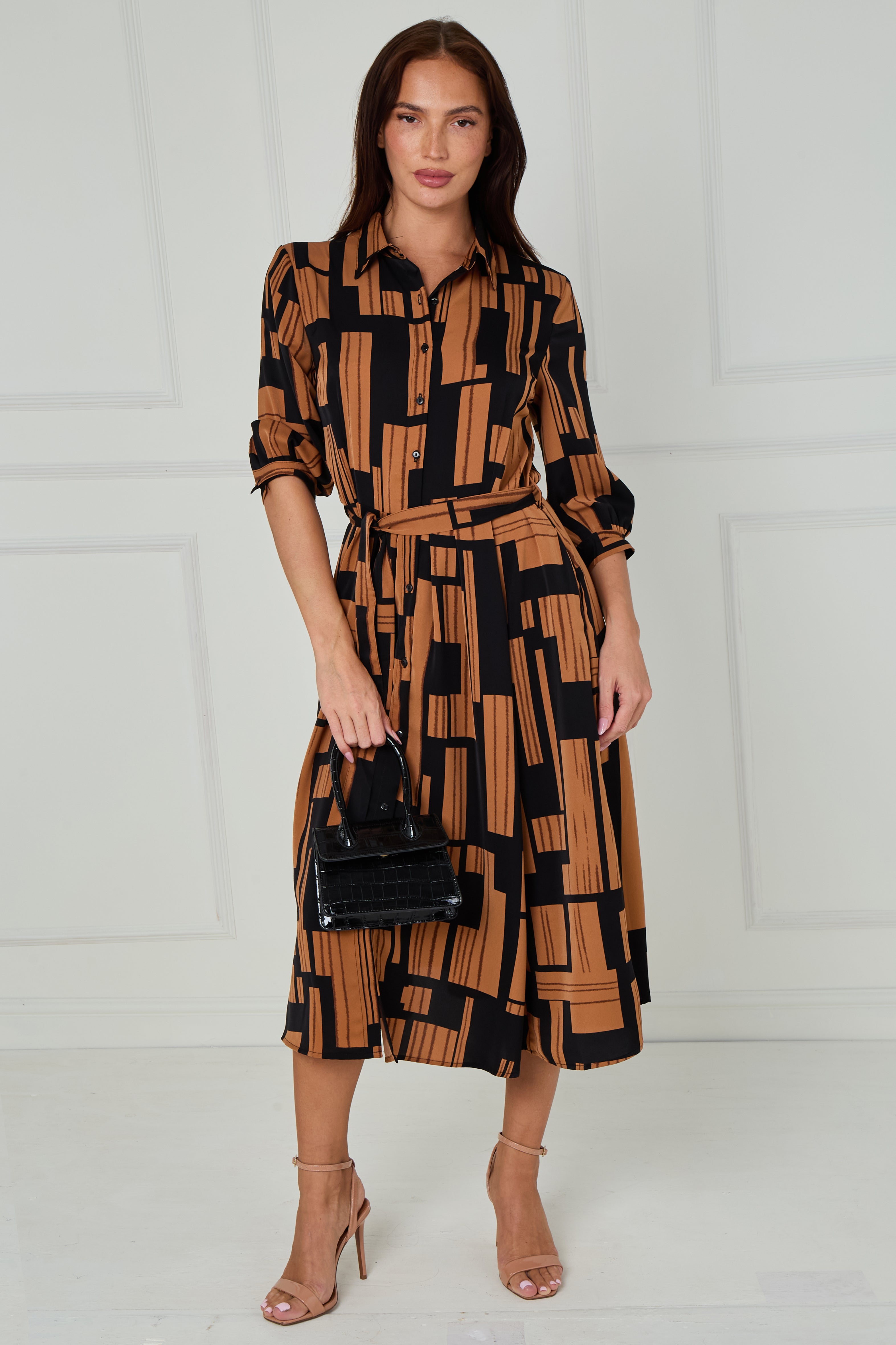 8Pcs Black and Tan Geometric Stripe Print Midi Shirt Dress