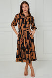 8Pcs Black and Tan Geometric Stripe Print Midi Shirt Dress