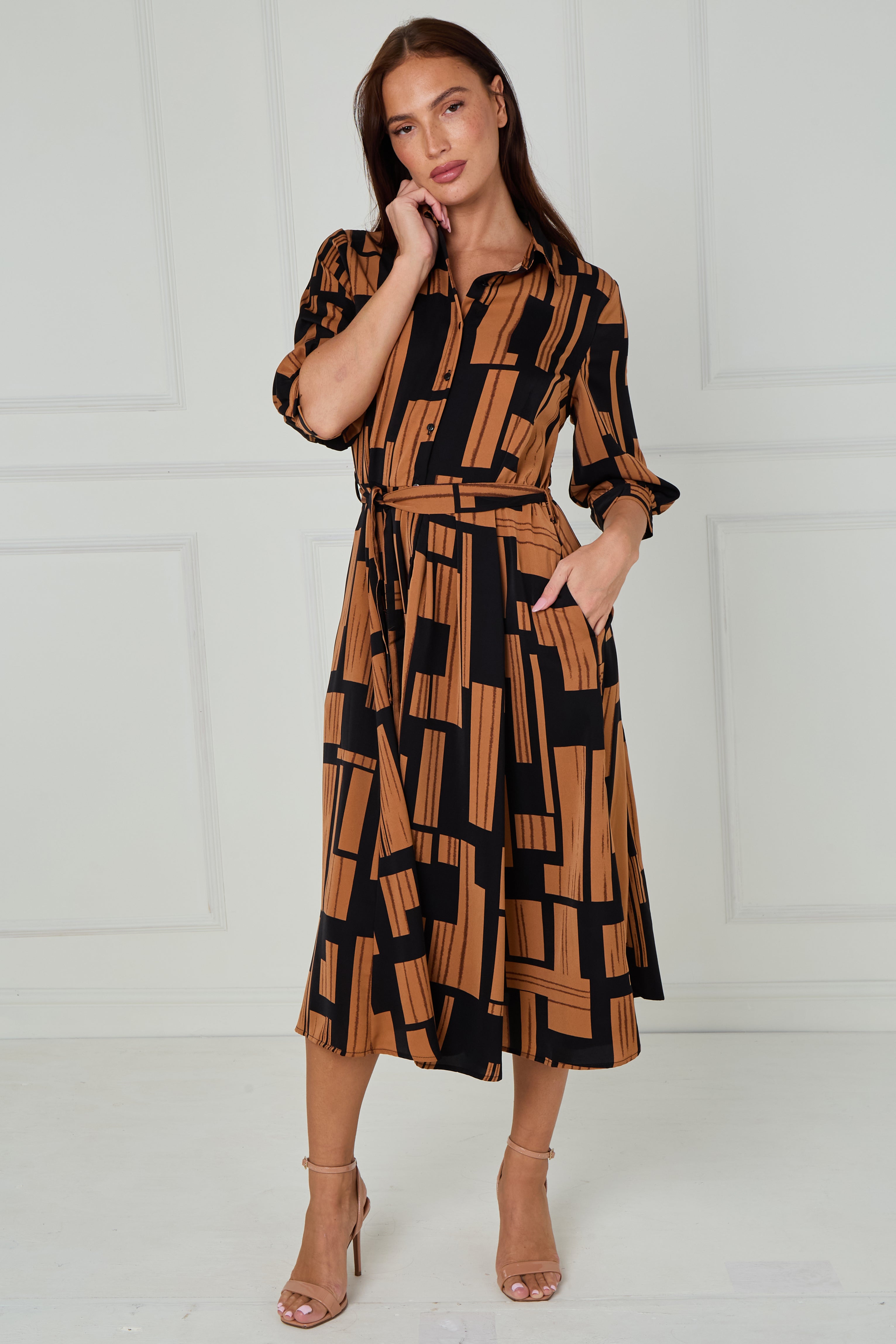 8Pcs Black and Tan Geometric Stripe Print Midi Shirt Dress