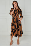 8Pcs Black and Tan Geometric Stripe Print Midi Shirt Dress