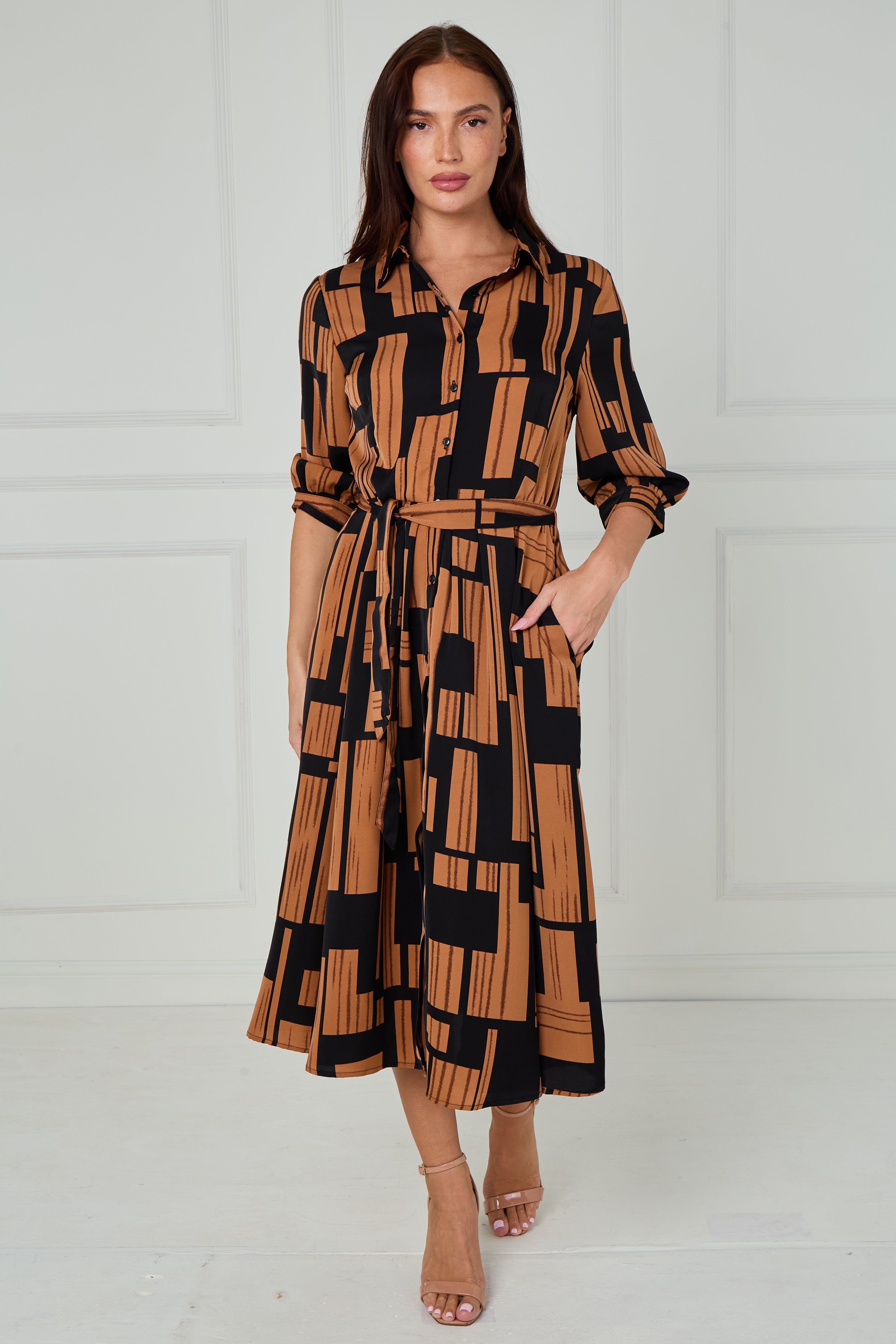 8Pcs Black and Tan Geometric Stripe Print Midi Shirt Dress