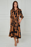 8Pcs Black and Tan Geometric Stripe Print Midi Shirt Dress