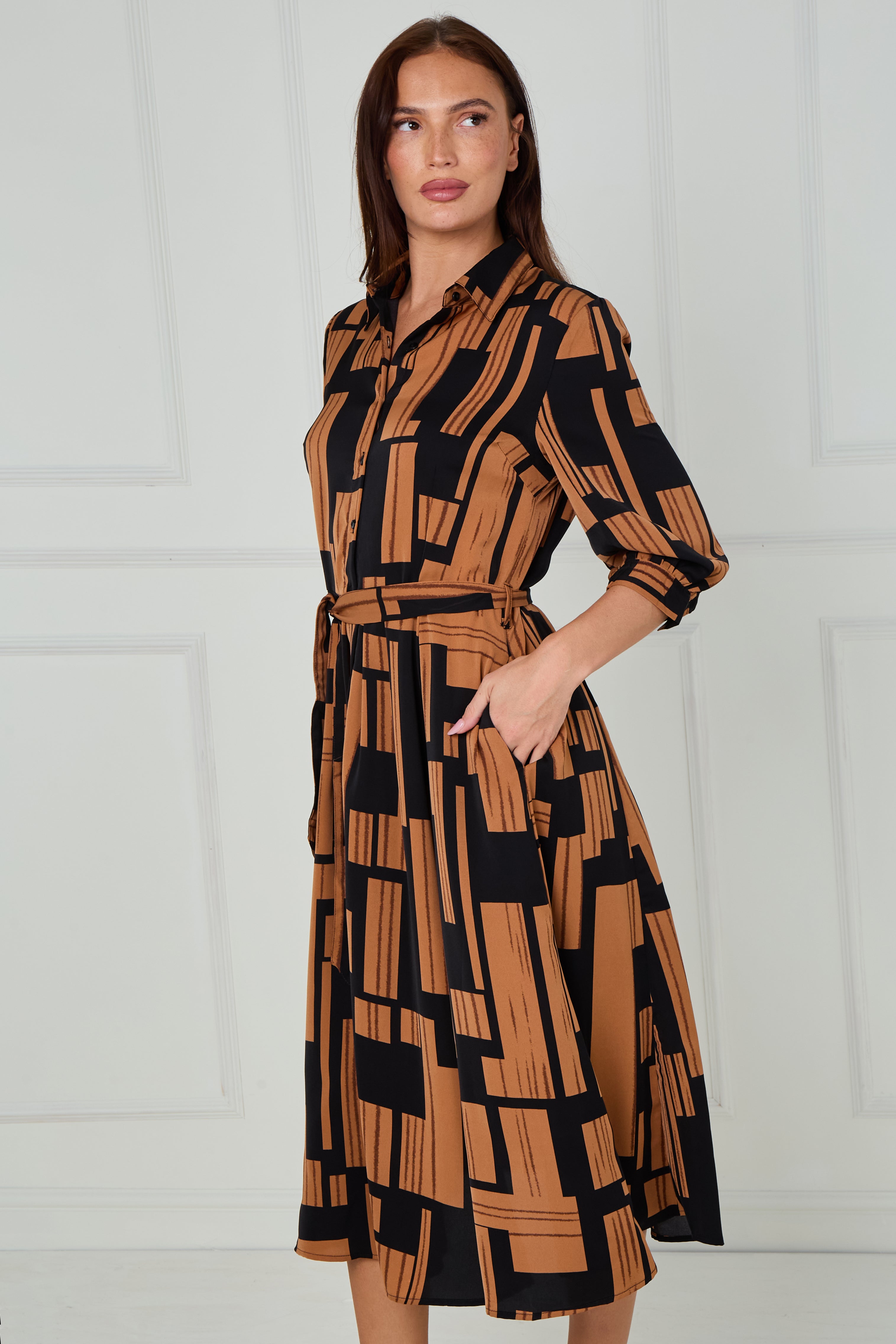8Pcs Black and Tan Geometric Stripe Print Midi Shirt Dress