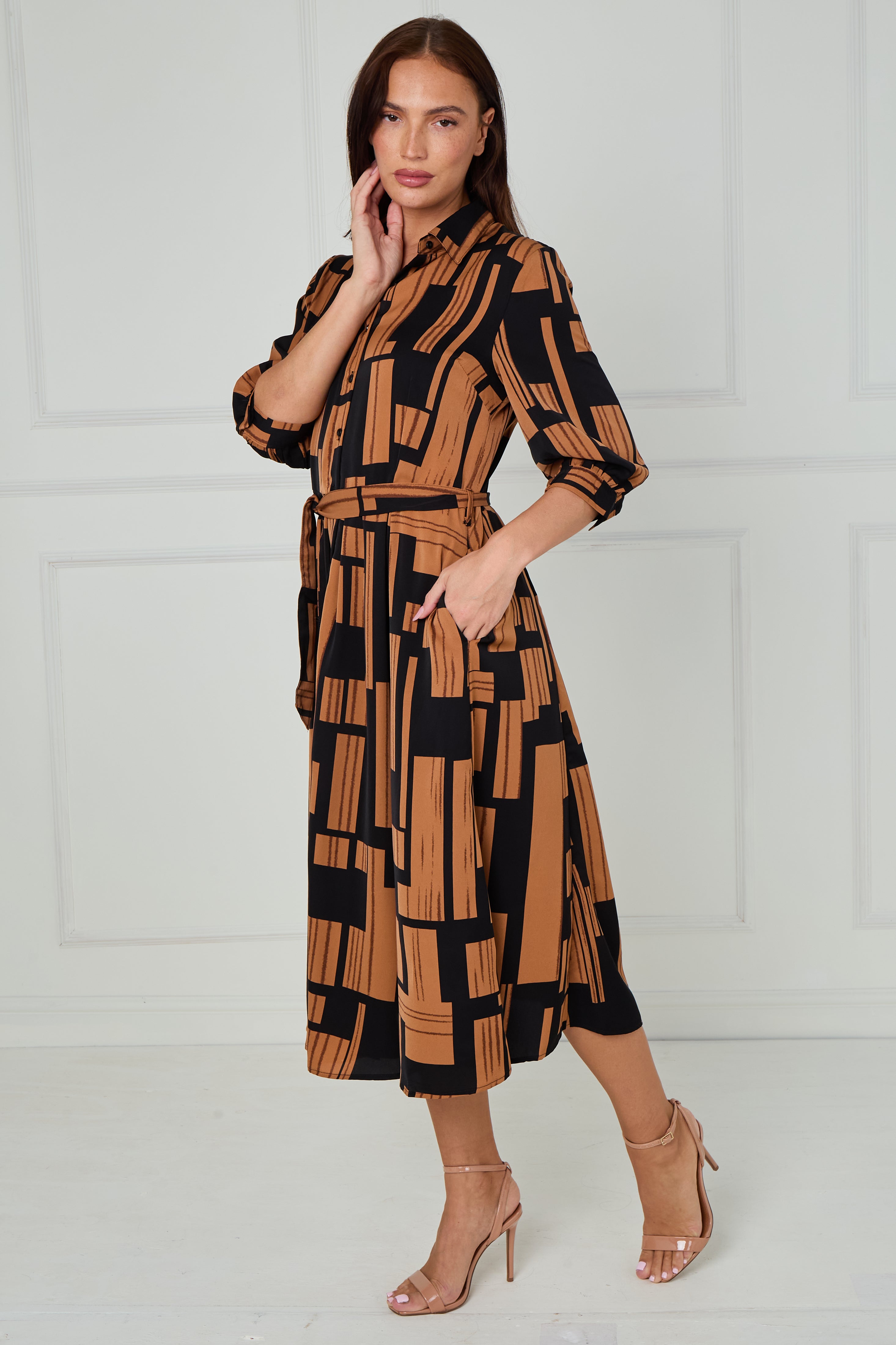 8Pcs Black and Tan Geometric Stripe Print Midi Shirt Dress