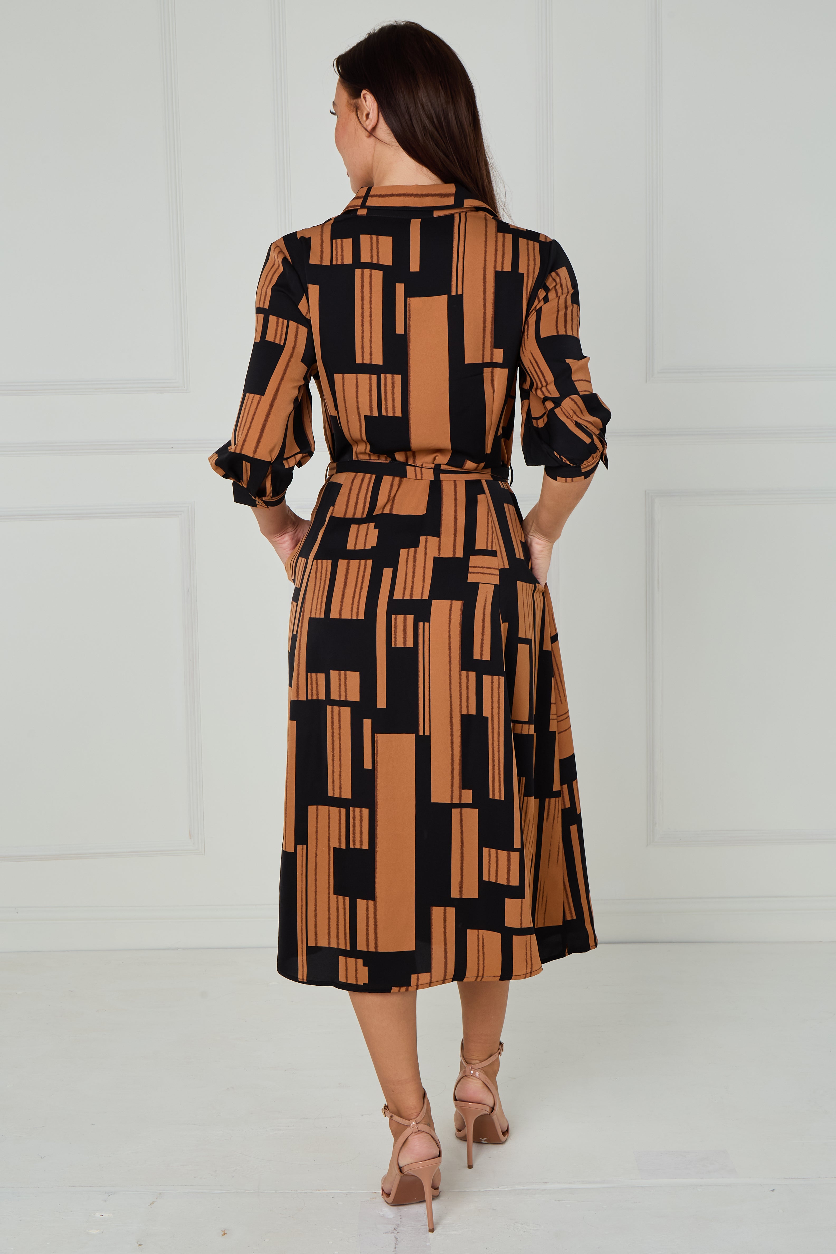 8Pcs Black and Tan Geometric Stripe Print Midi Shirt Dress