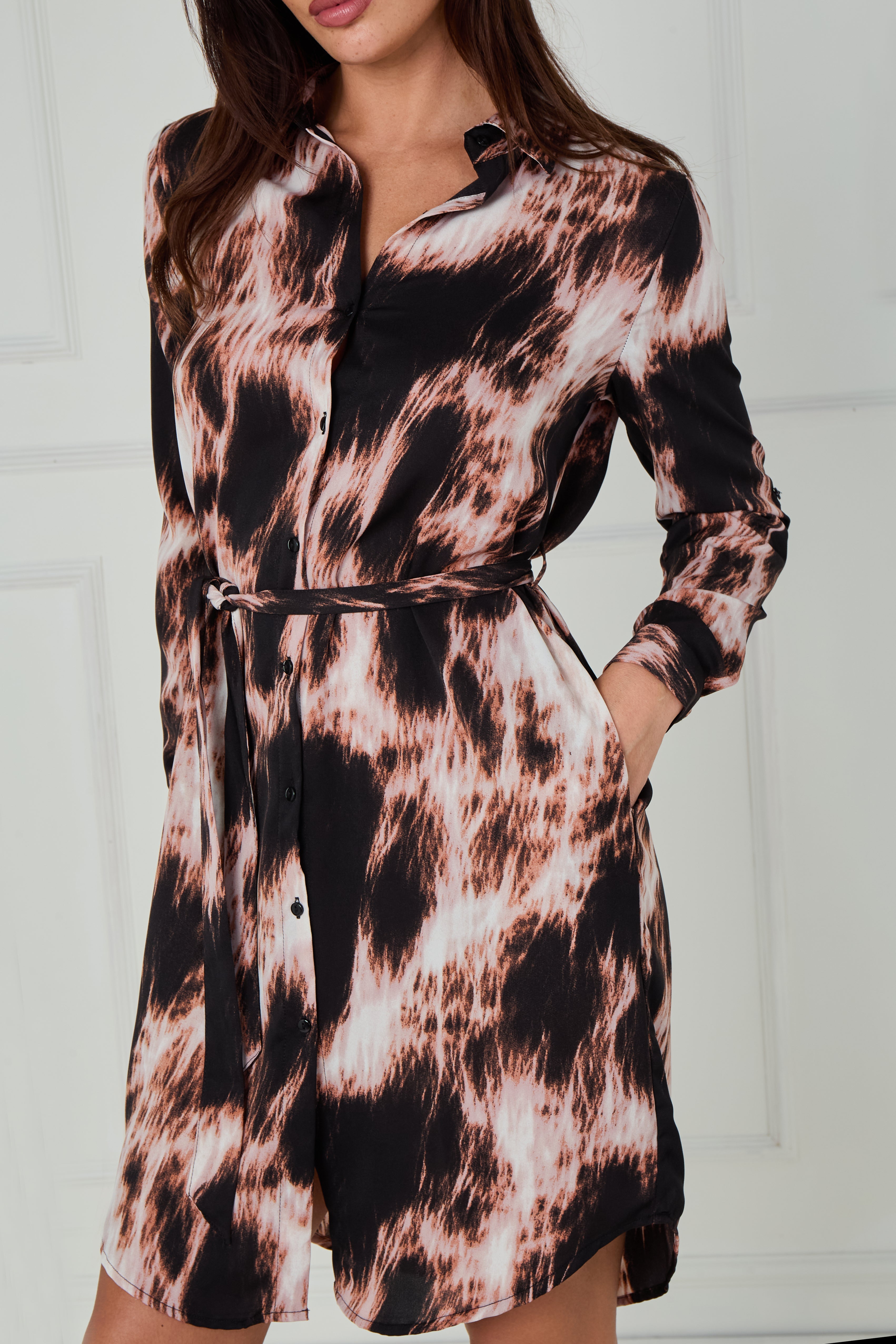 8Pcs Black and Blush Abstract Tie Dye Print Mini Shirt Dress