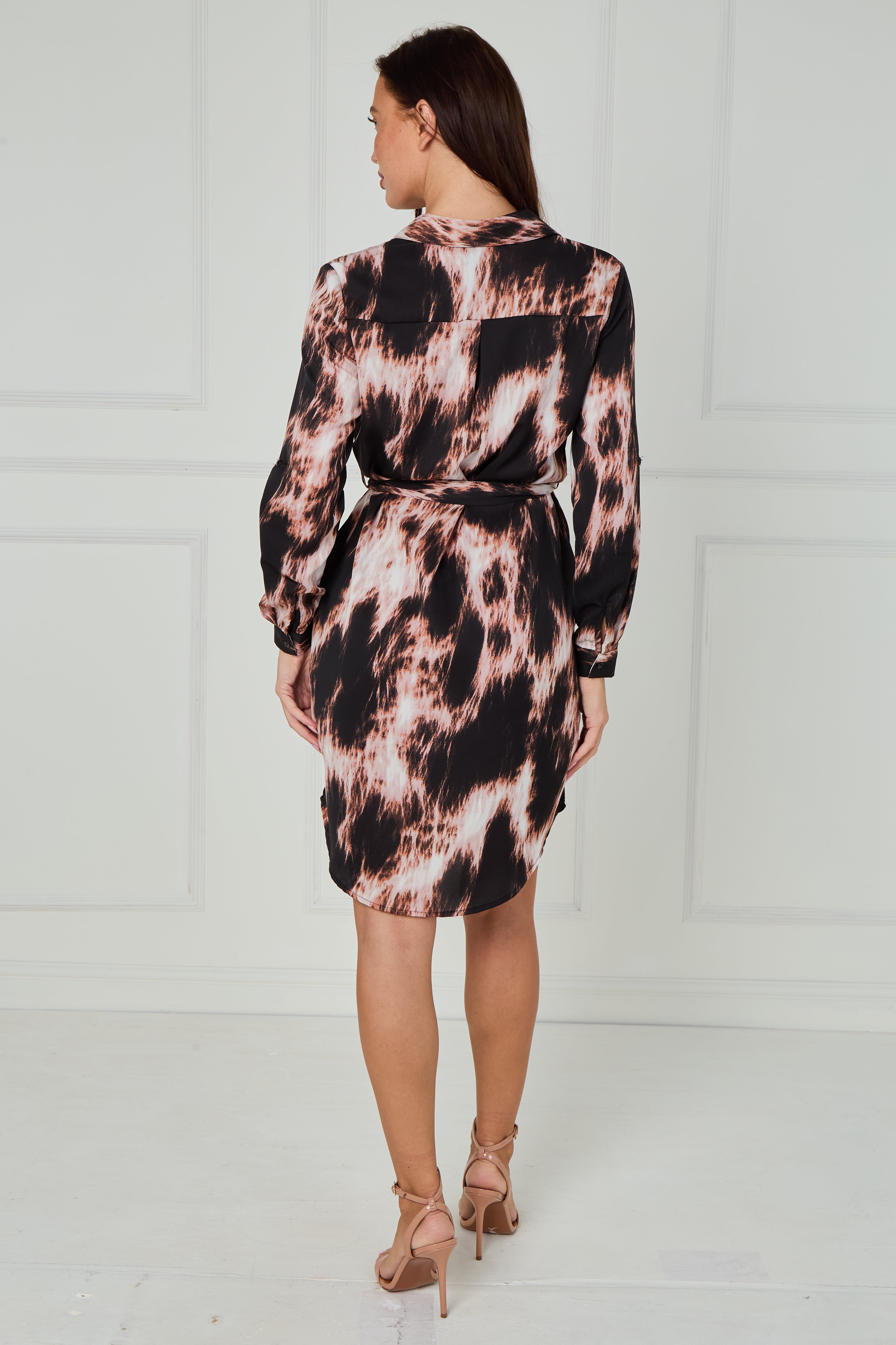 8Pcs Black and Blush Abstract Tie Dye Print Mini Shirt Dress