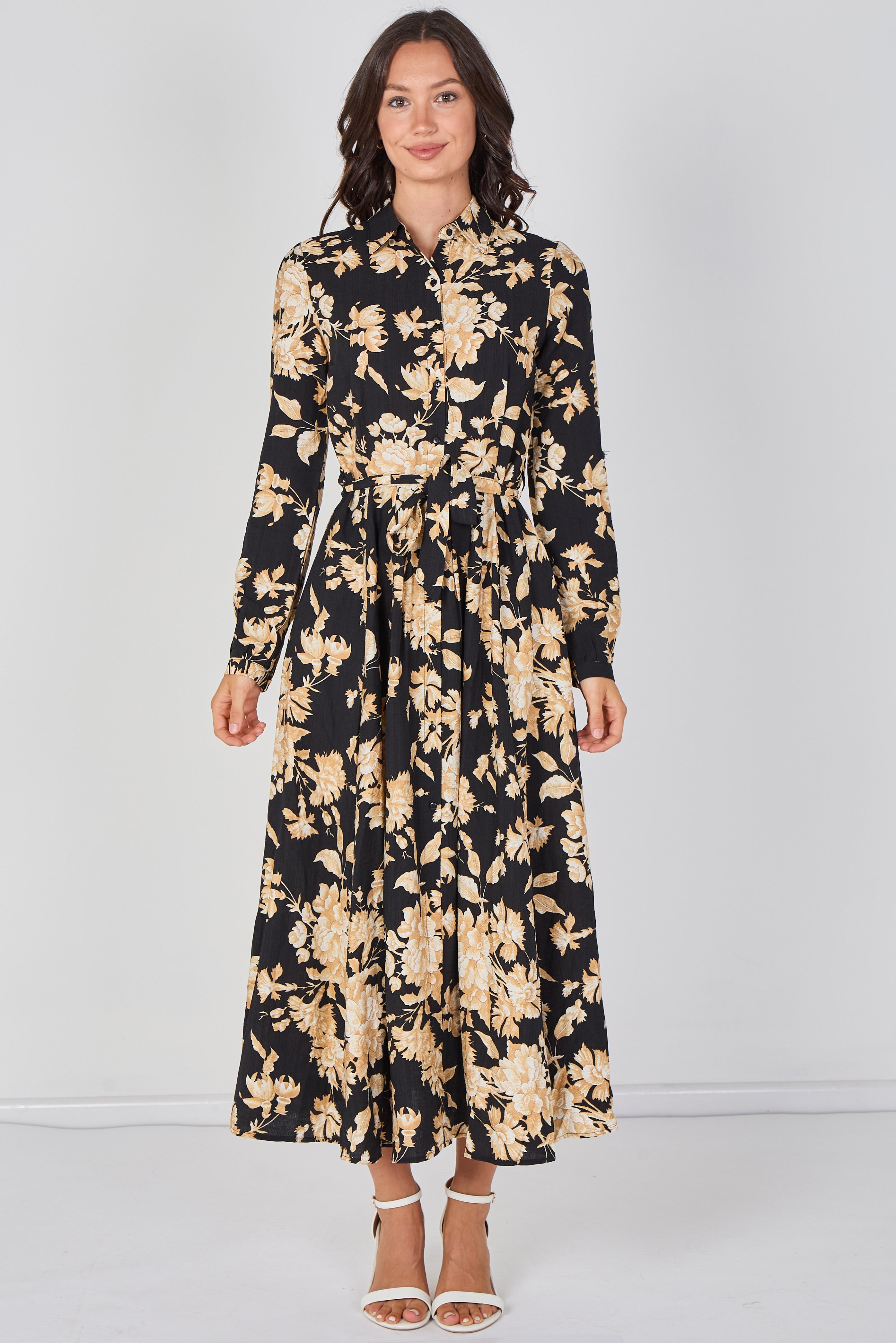 8Pcs Midnight Bloom Printed Belted Maxi Shirt Dress
