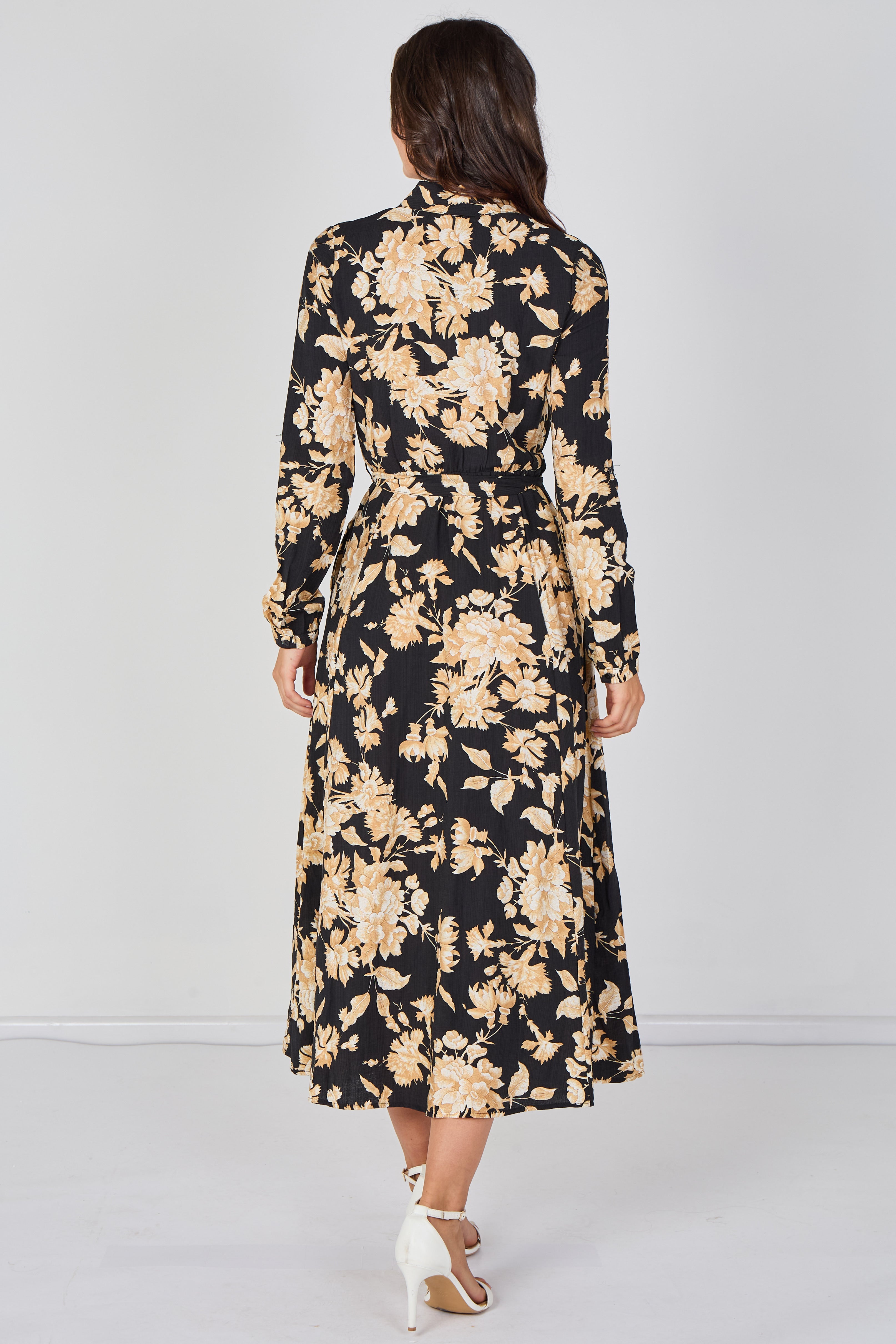 8Pcs Midnight Bloom Printed Belted Maxi Shirt Dress