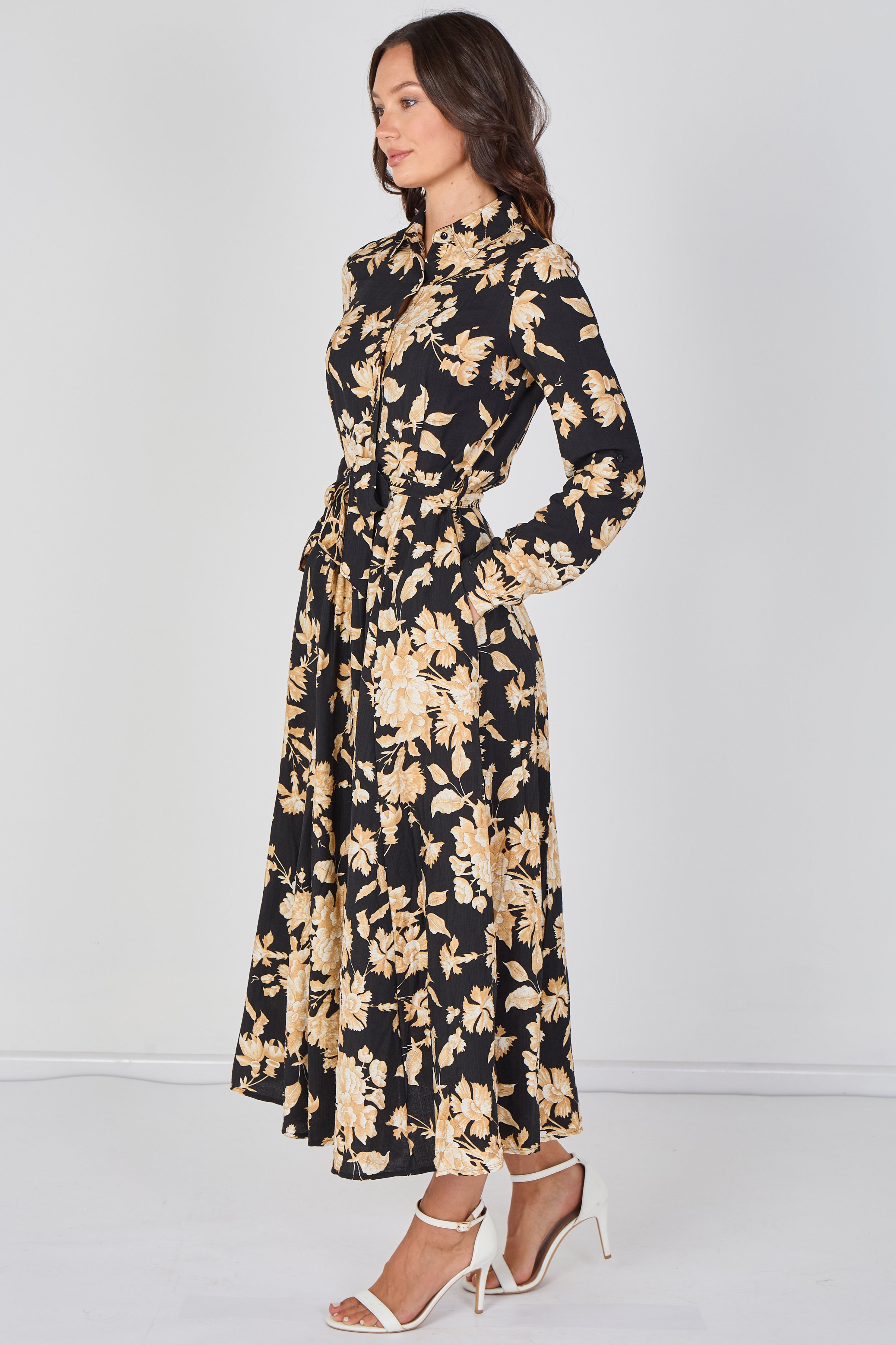 8Pcs Midnight Bloom Printed Belted Maxi Shirt Dress