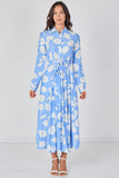 8Pcs Sky Blossom Printed Belted Maxi Shirt Dress