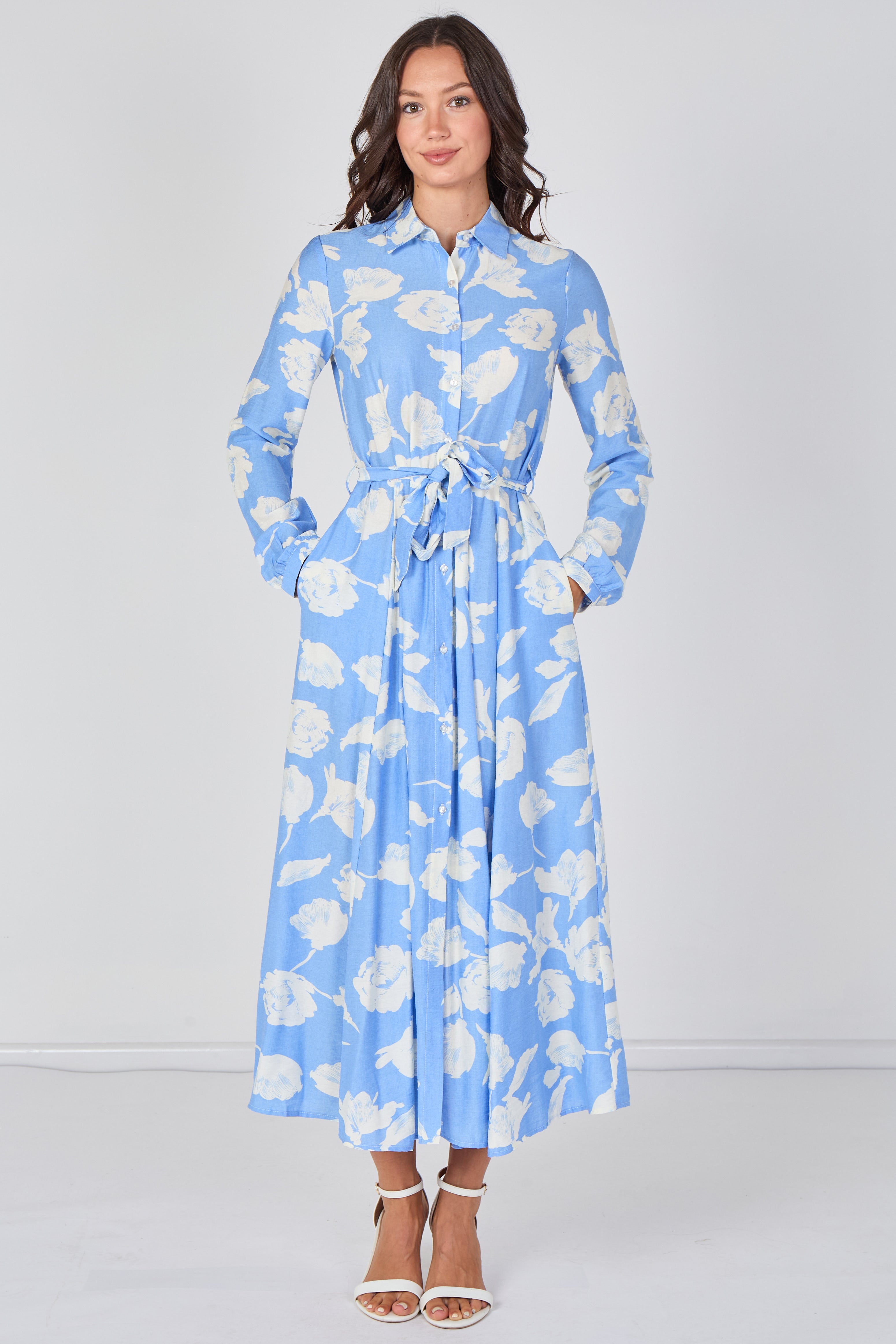 8Pcs Sky Blossom Printed Belted Maxi Shirt Dress