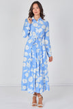 8Pcs Sky Blossom Printed Belted Maxi Shirt Dress