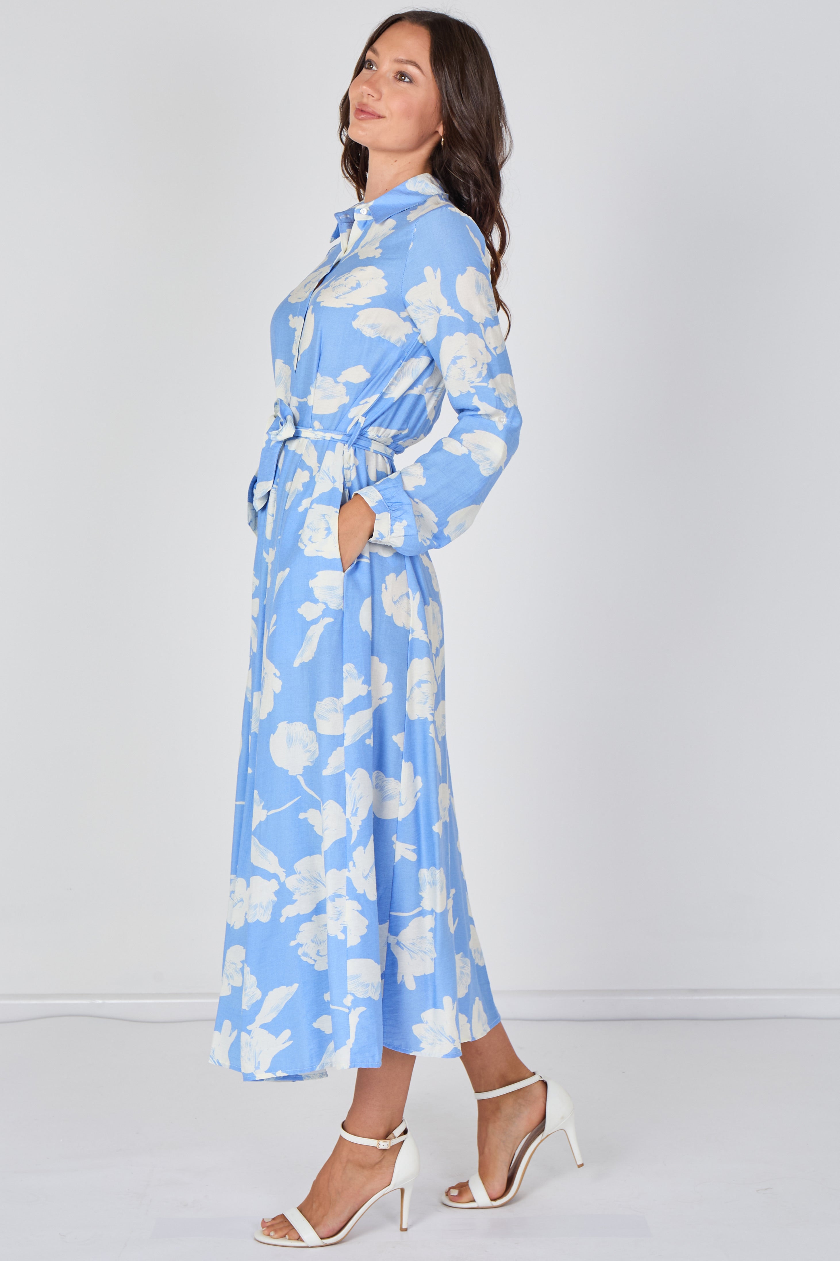 8Pcs Sky Blossom Printed Belted Maxi Shirt Dress