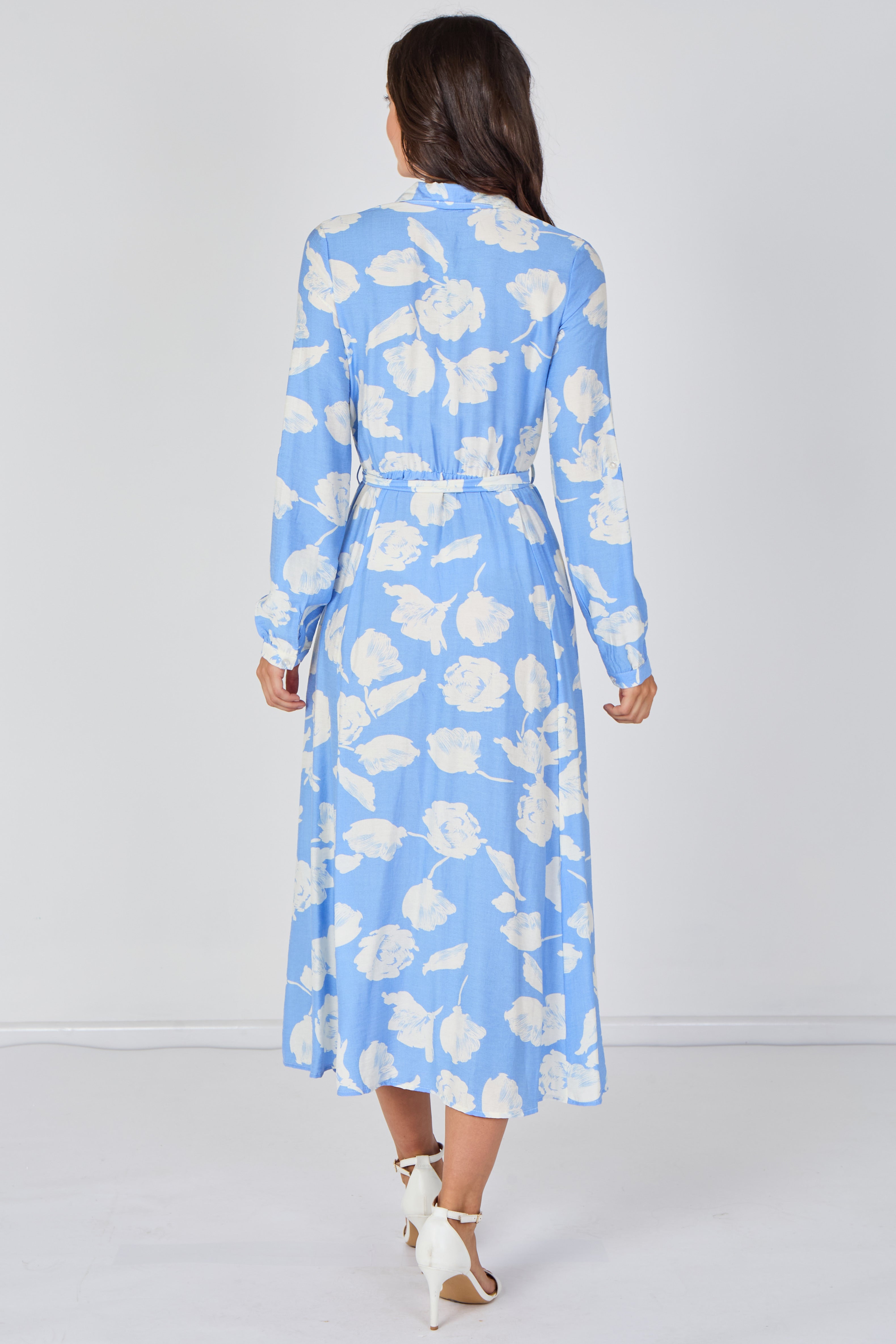8Pcs Sky Blossom Printed Belted Maxi Shirt Dress