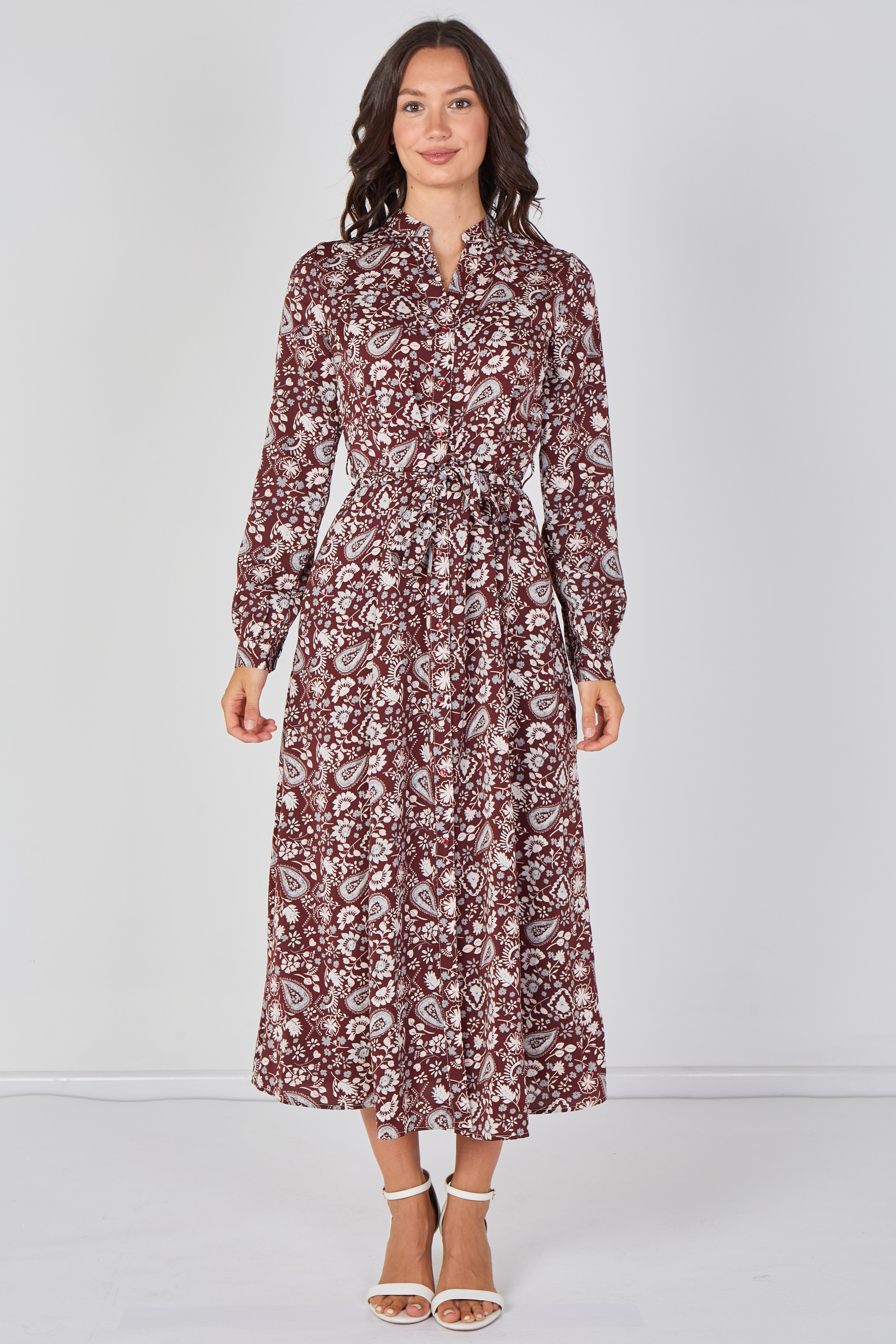 8Pcs Burgundy Paisley Floral Print Belted Maxi Shirt Dress