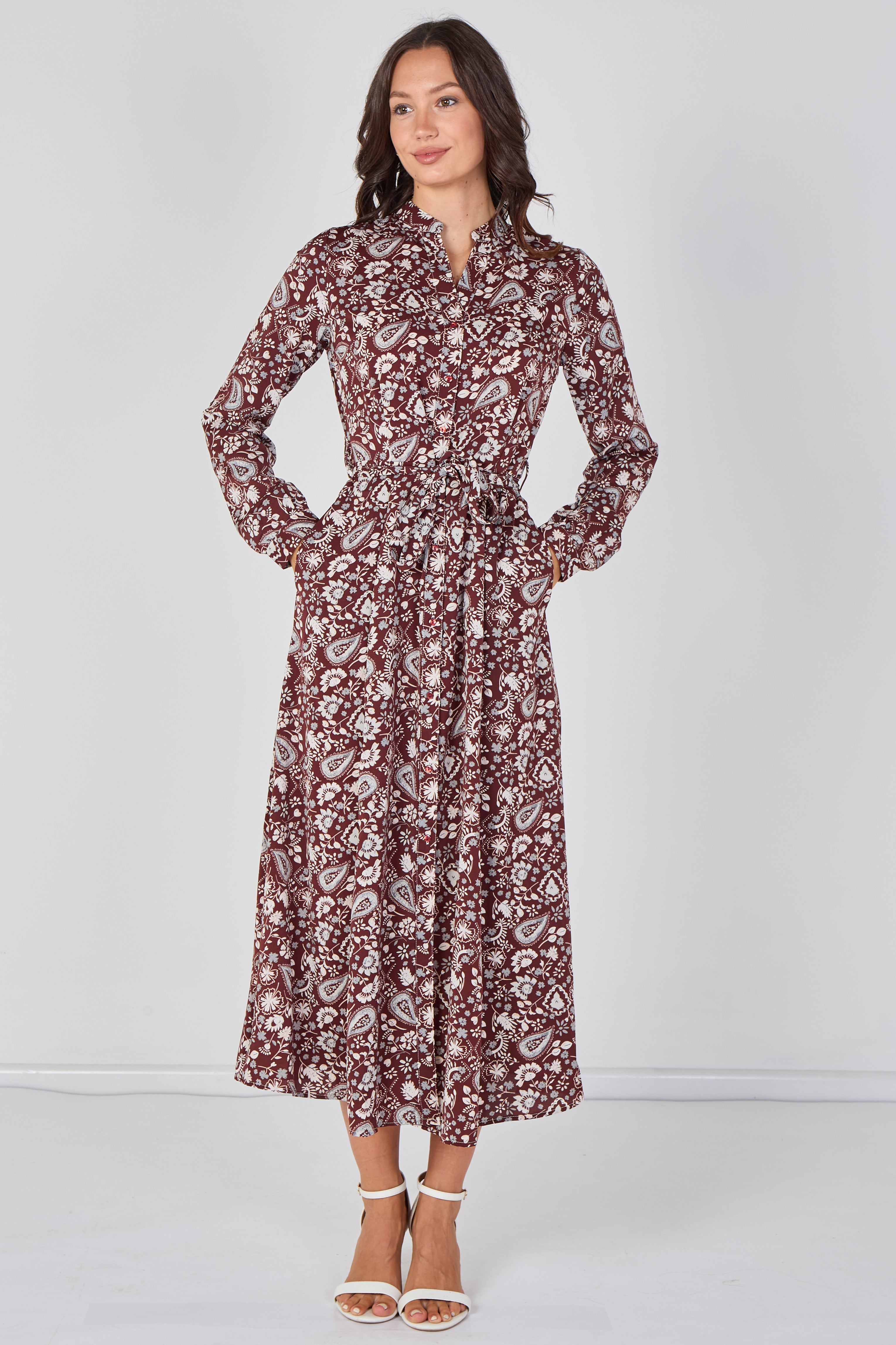 8Pcs Burgundy Paisley Floral Print Belted Maxi Shirt Dress