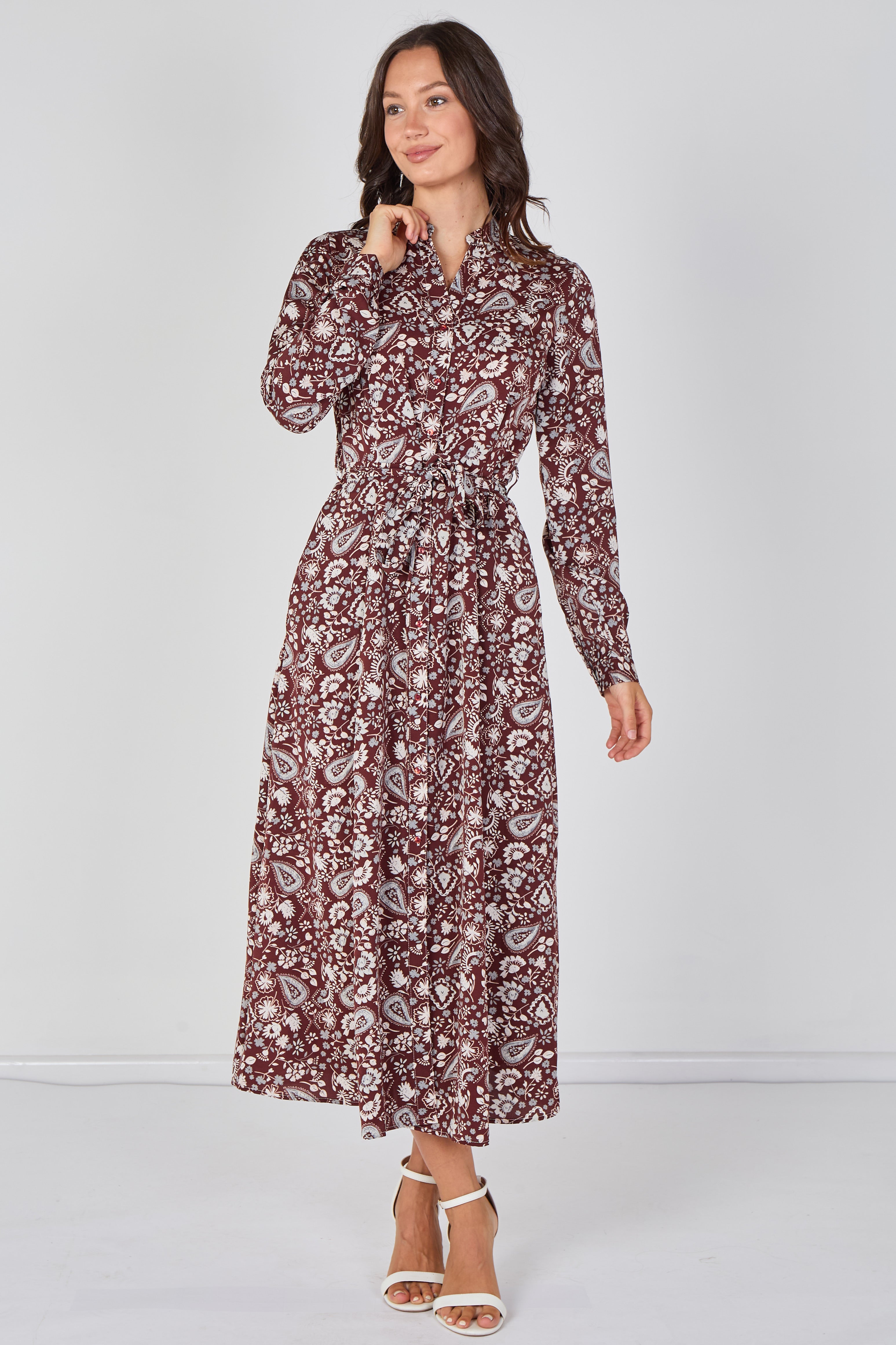 8Pcs Burgundy Paisley Floral Print Belted Maxi Shirt Dress