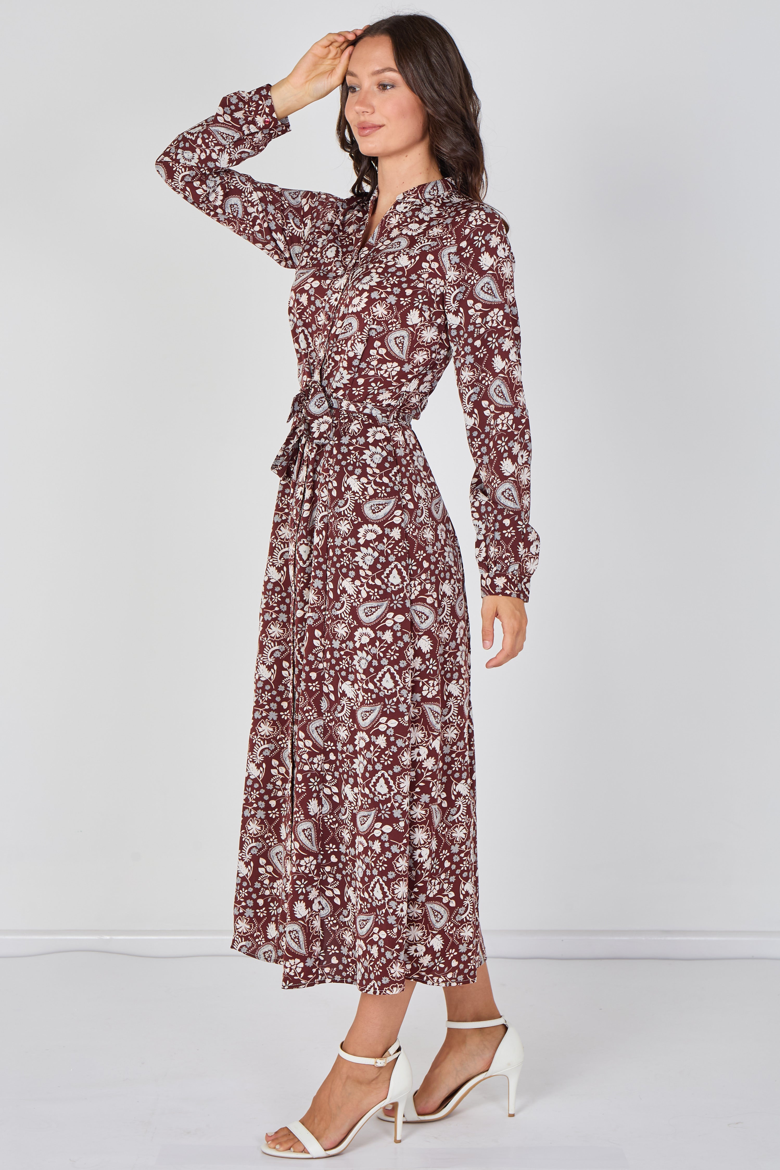 8Pcs Burgundy Paisley Floral Print Belted Maxi Shirt Dress