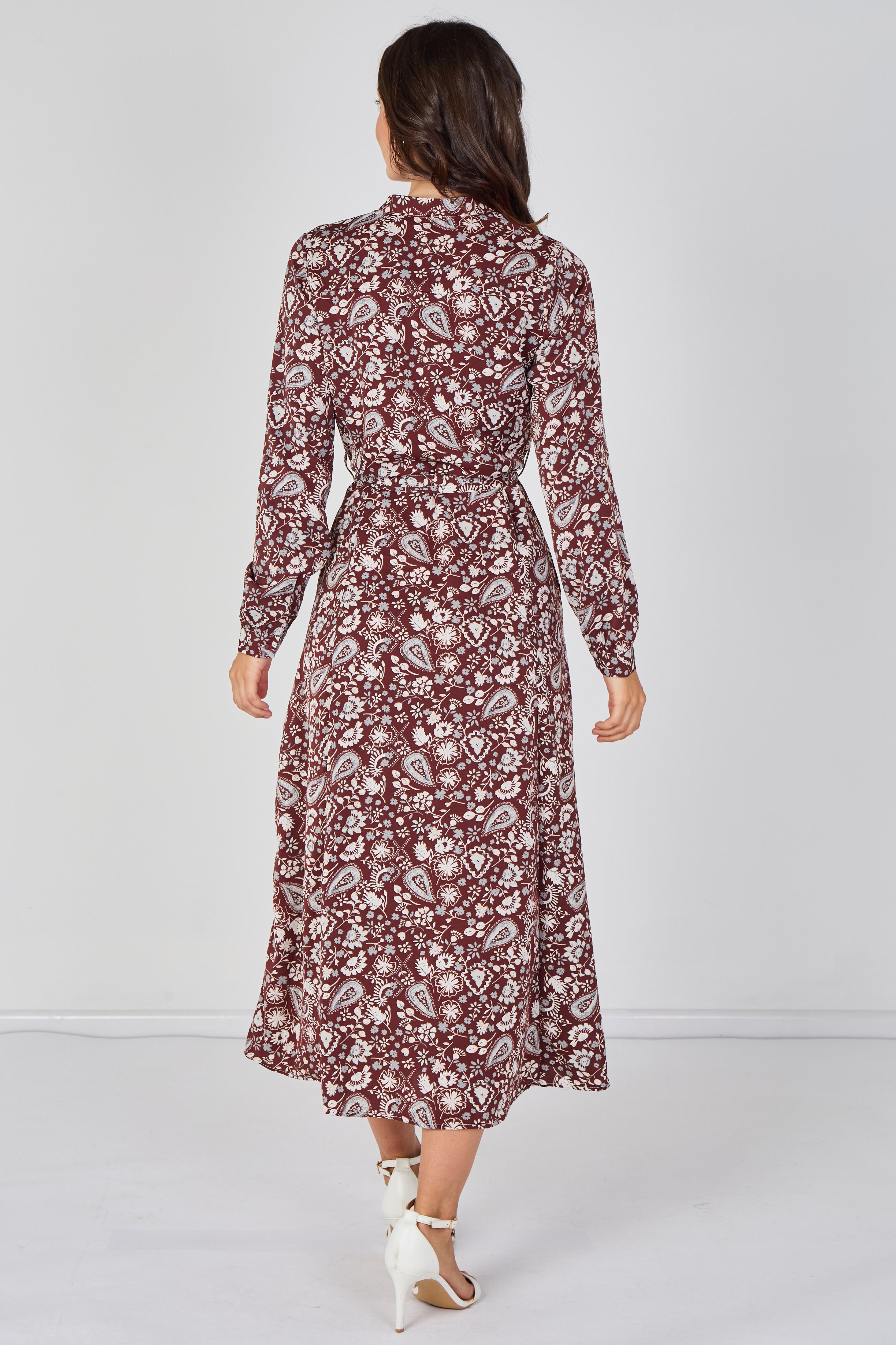 8Pcs Burgundy Paisley Floral Print Belted Maxi Shirt Dress