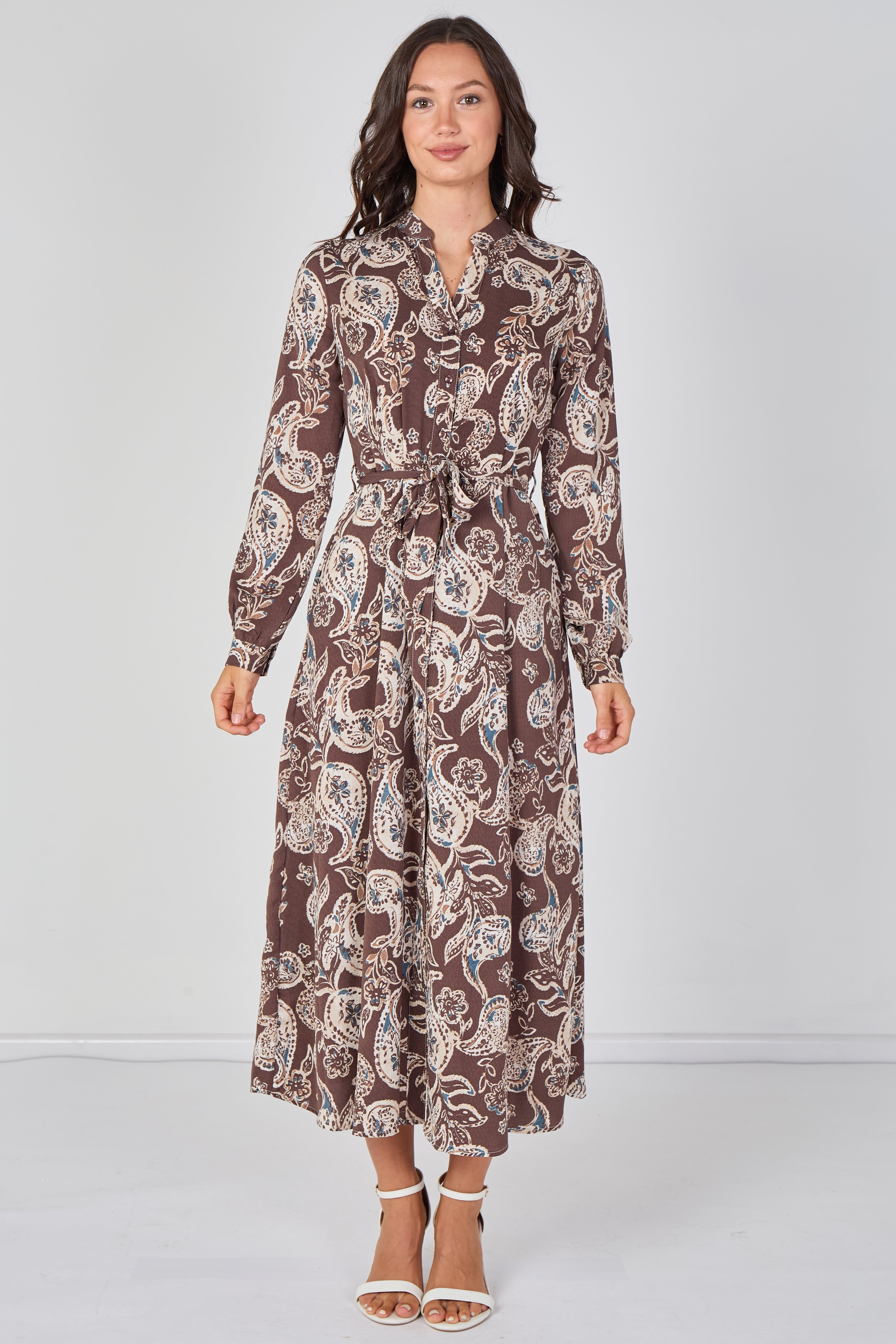 8Pcs Mocha Paisley Print Belted Maxi Shirt Dress