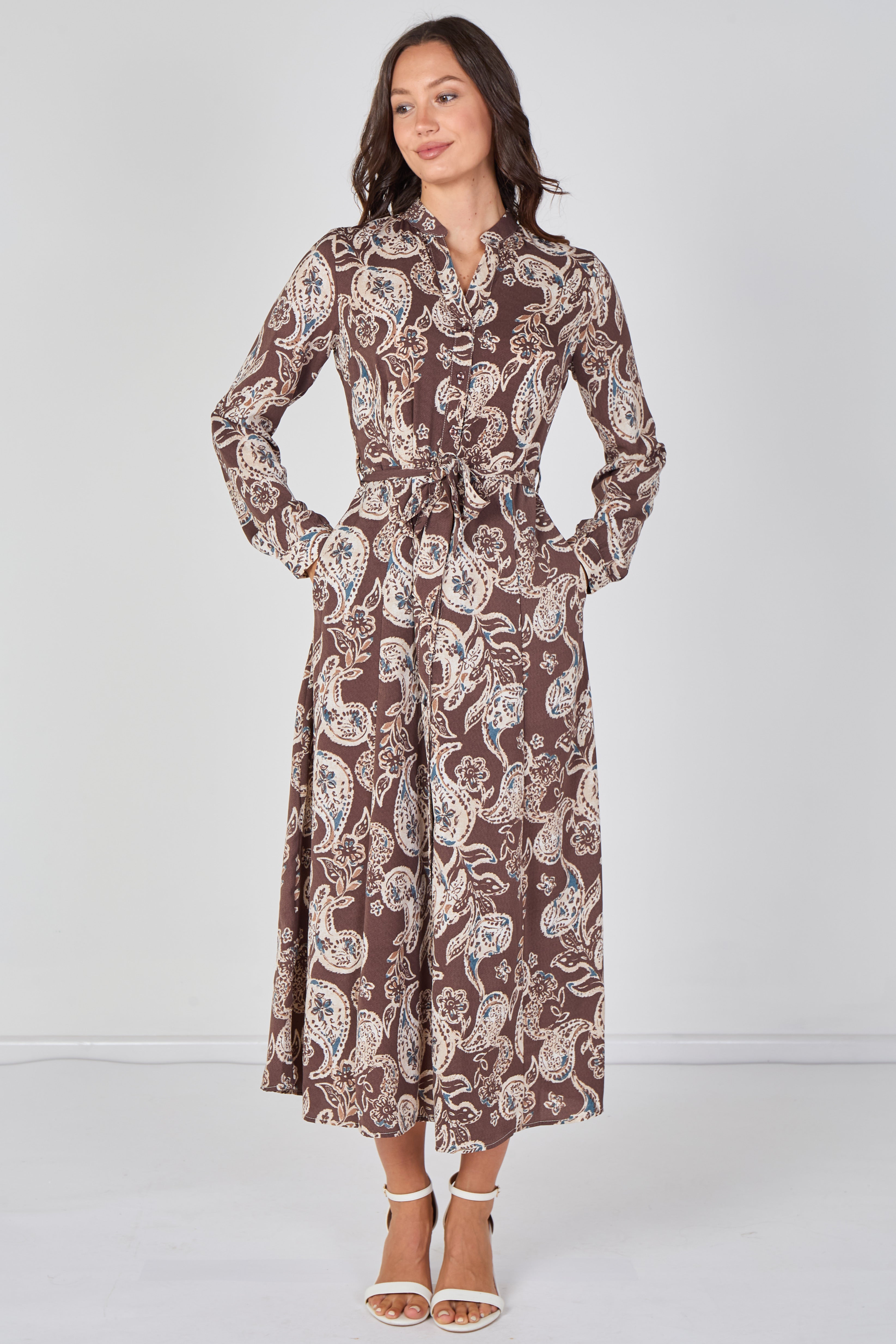 8Pcs Mocha Paisley Print Belted Maxi Shirt Dress