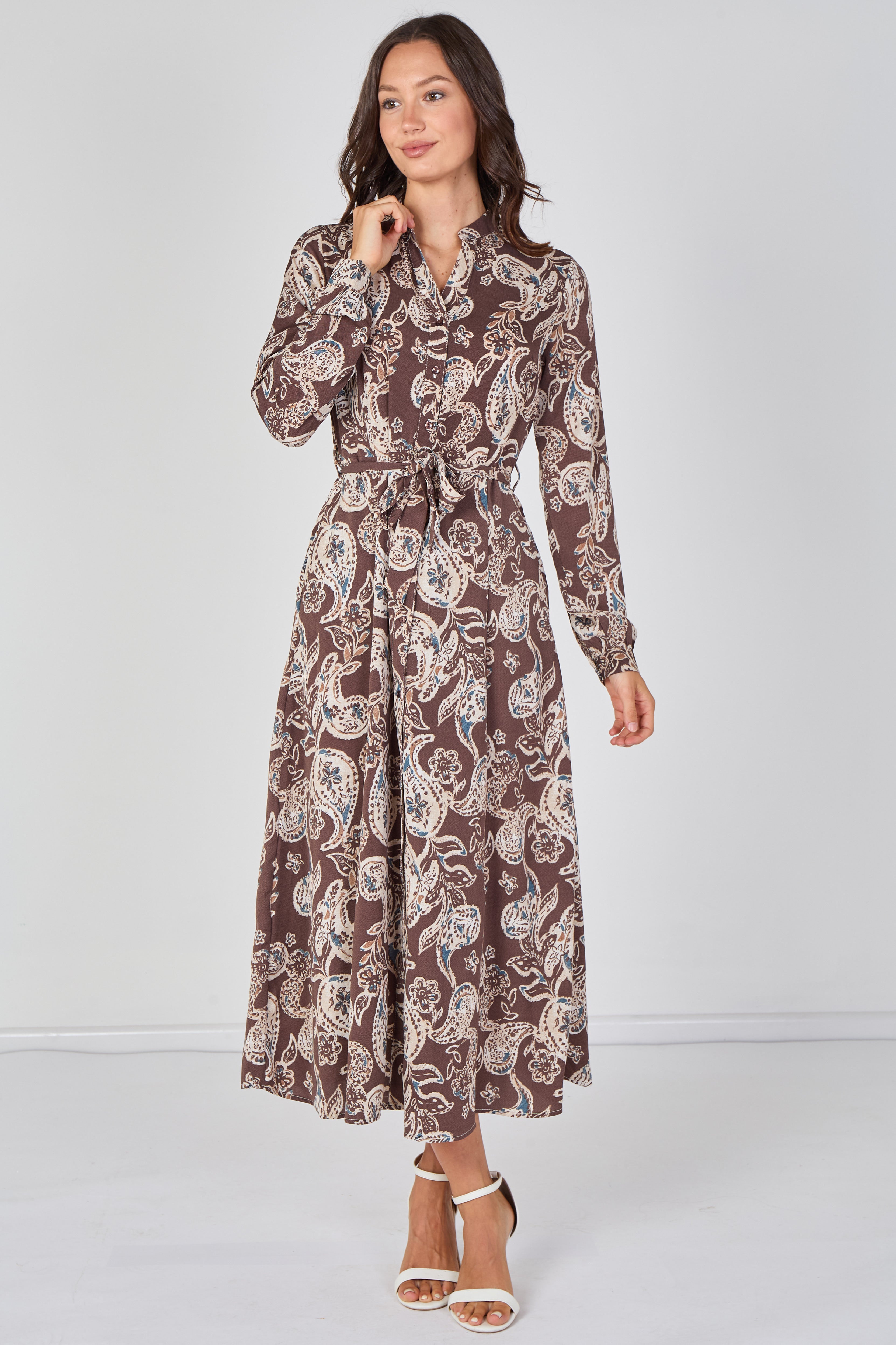 8Pcs Mocha Paisley Print Belted Maxi Shirt Dress