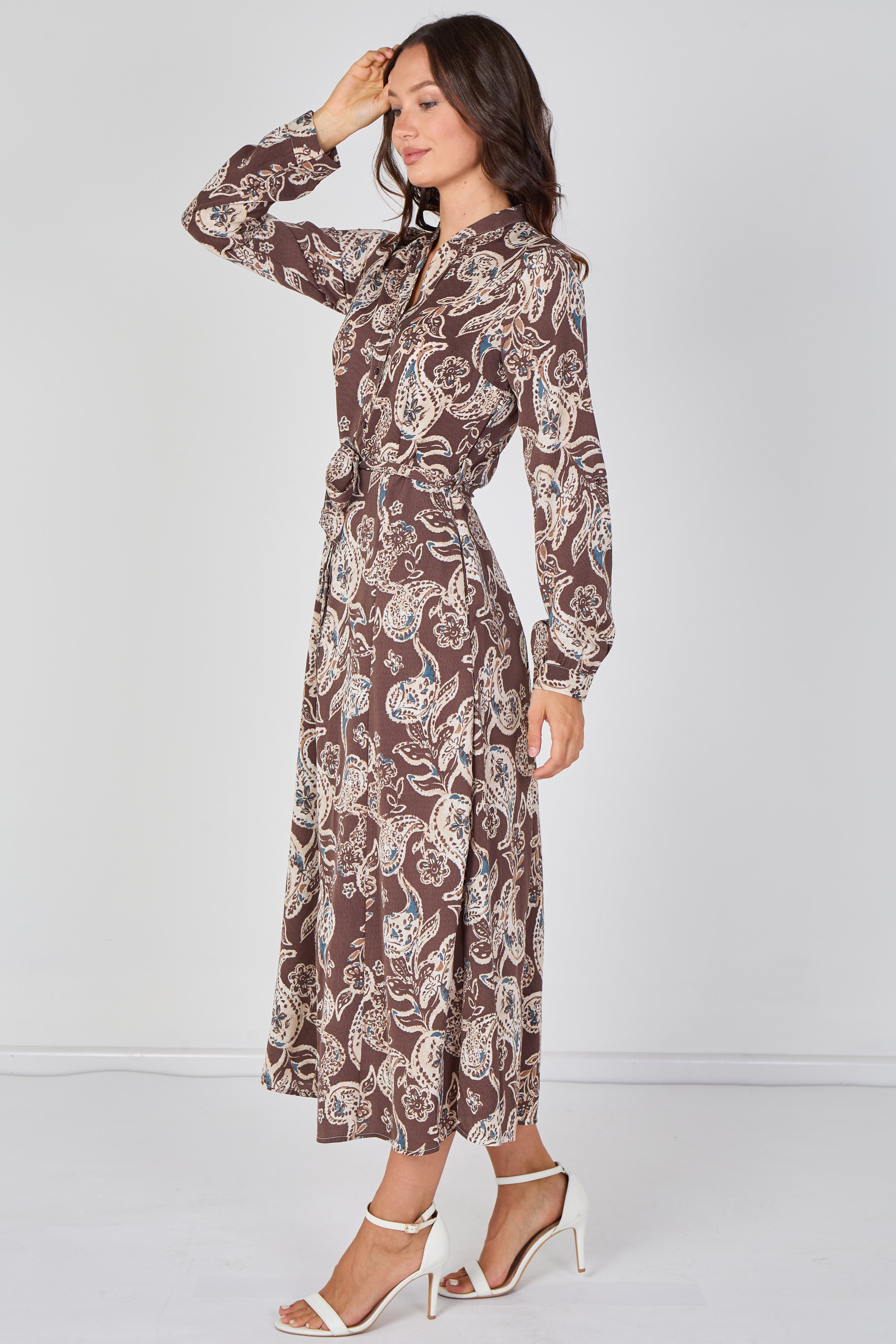 8Pcs Mocha Paisley Print Belted Maxi Shirt Dress
