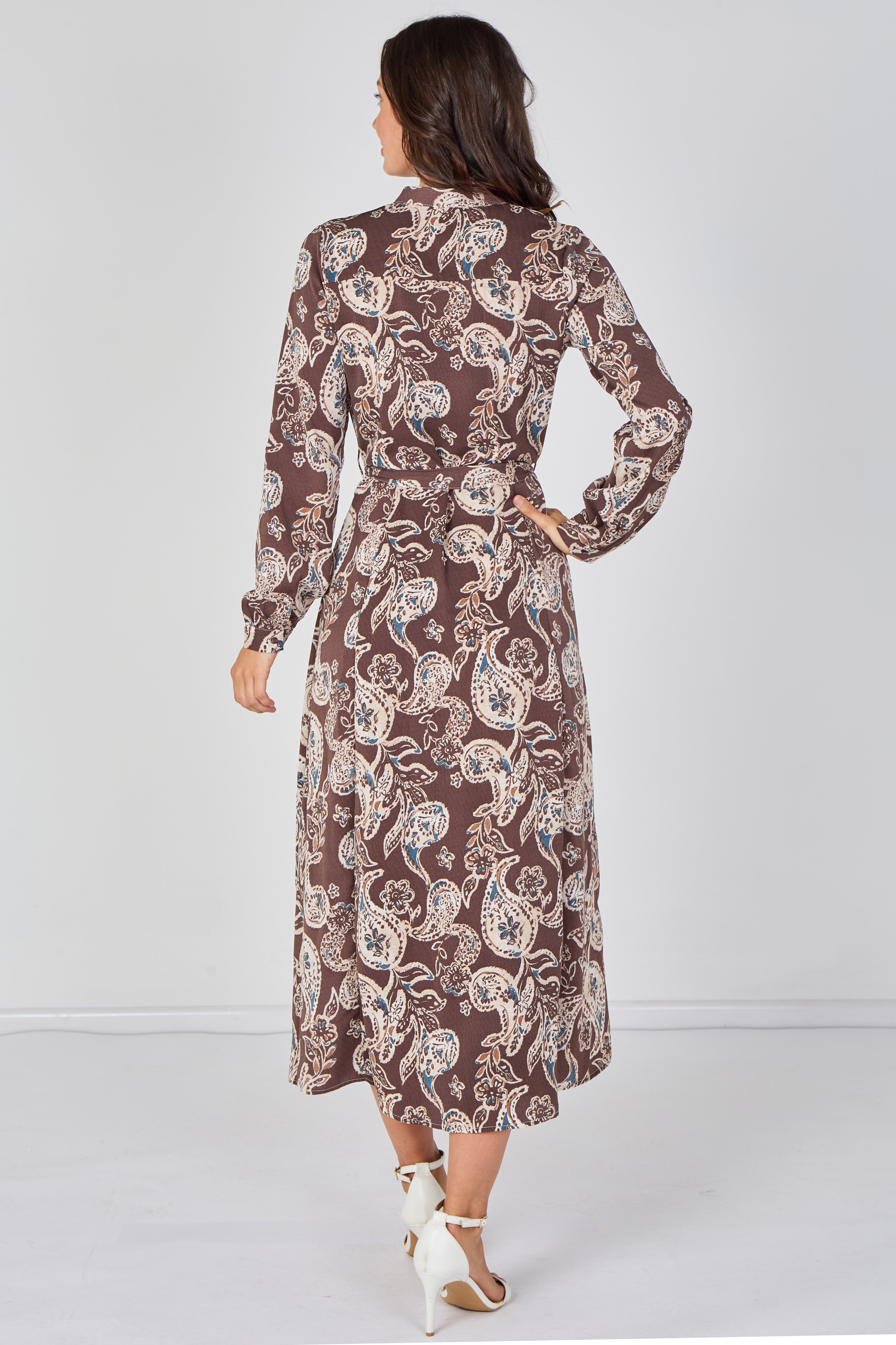 8Pcs Mocha Paisley Print Belted Maxi Shirt Dress