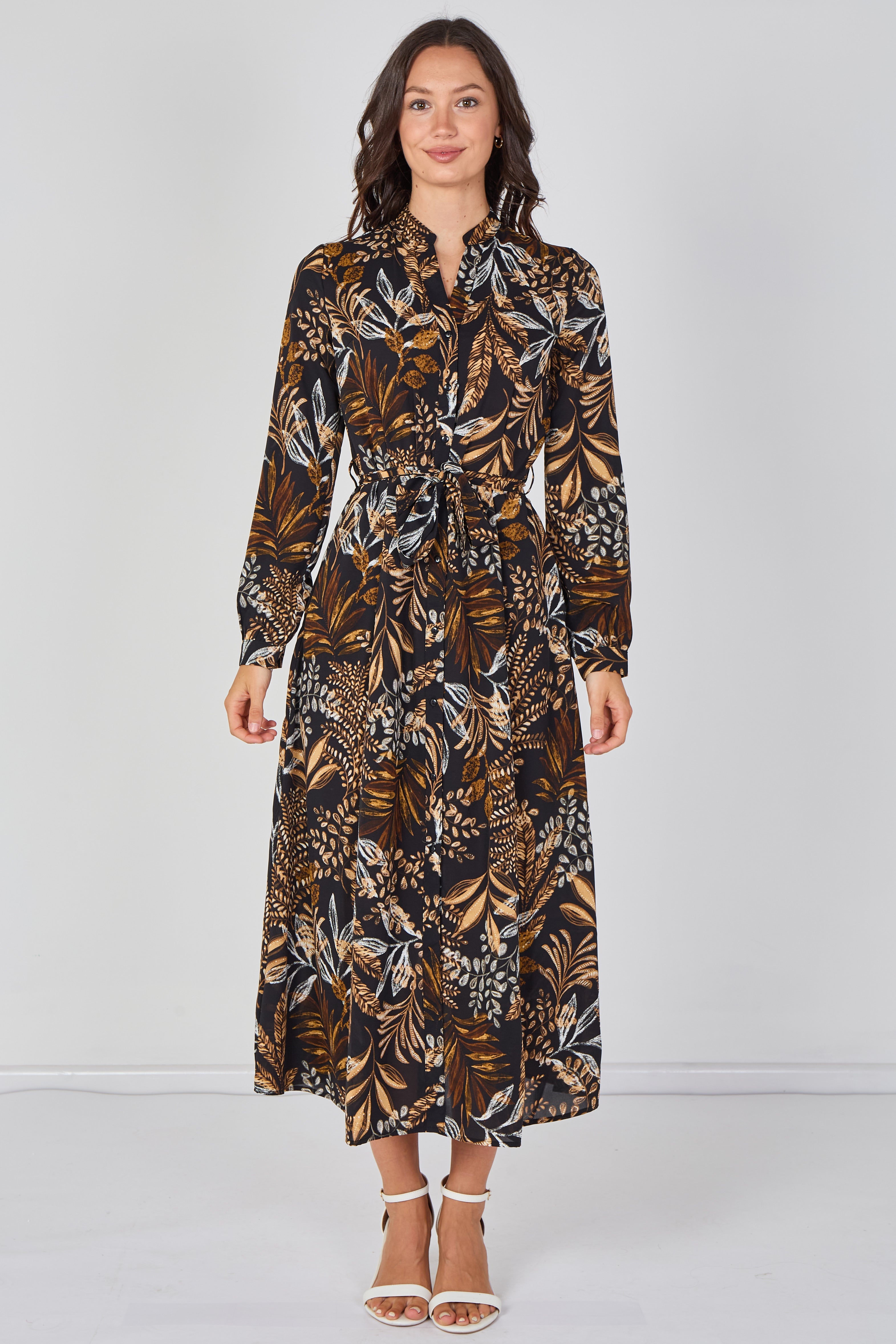 8Pcs Black Botanical Print Belted Maxi Shirt Dress