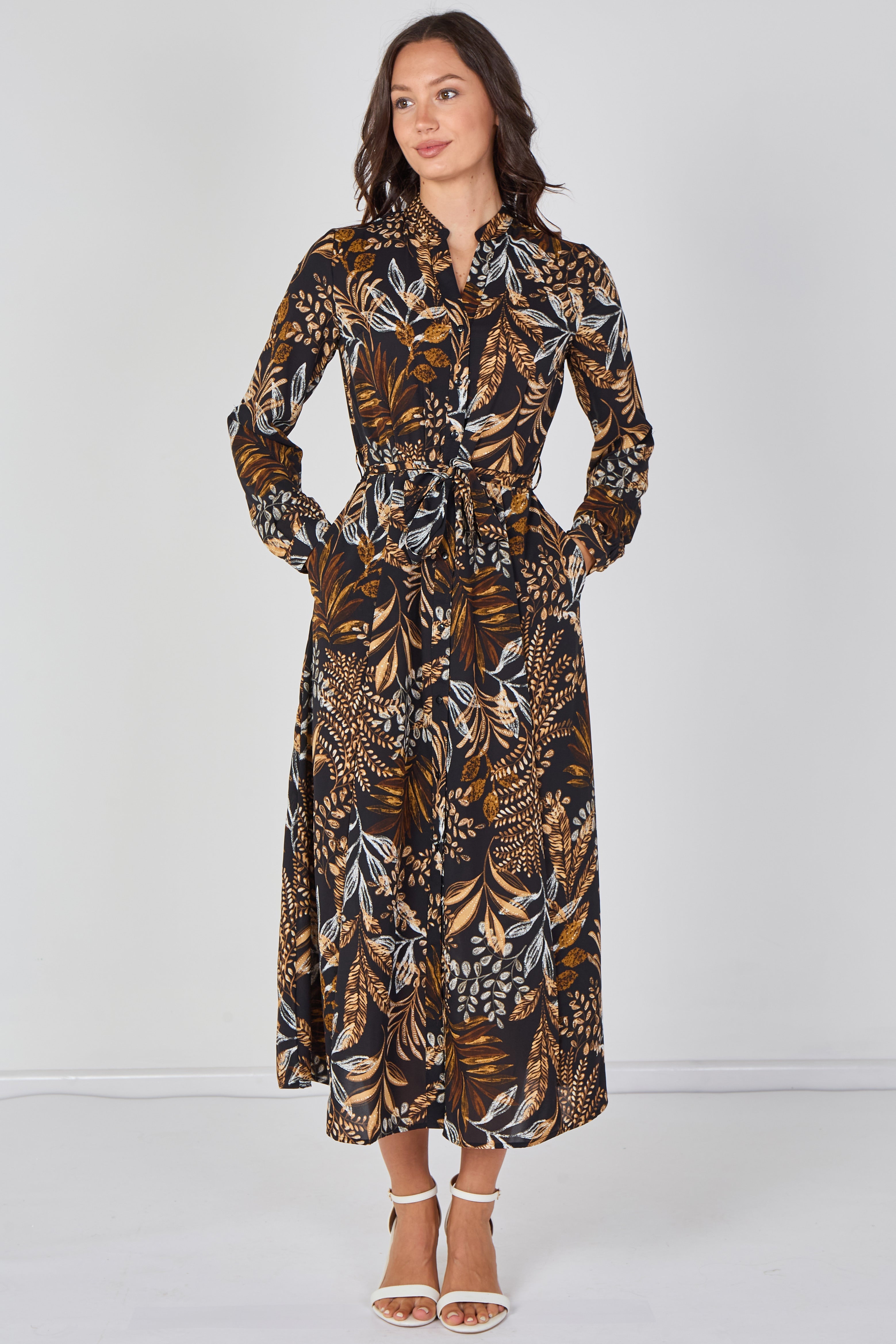 8Pcs Black Botanical Print Belted Maxi Shirt Dress