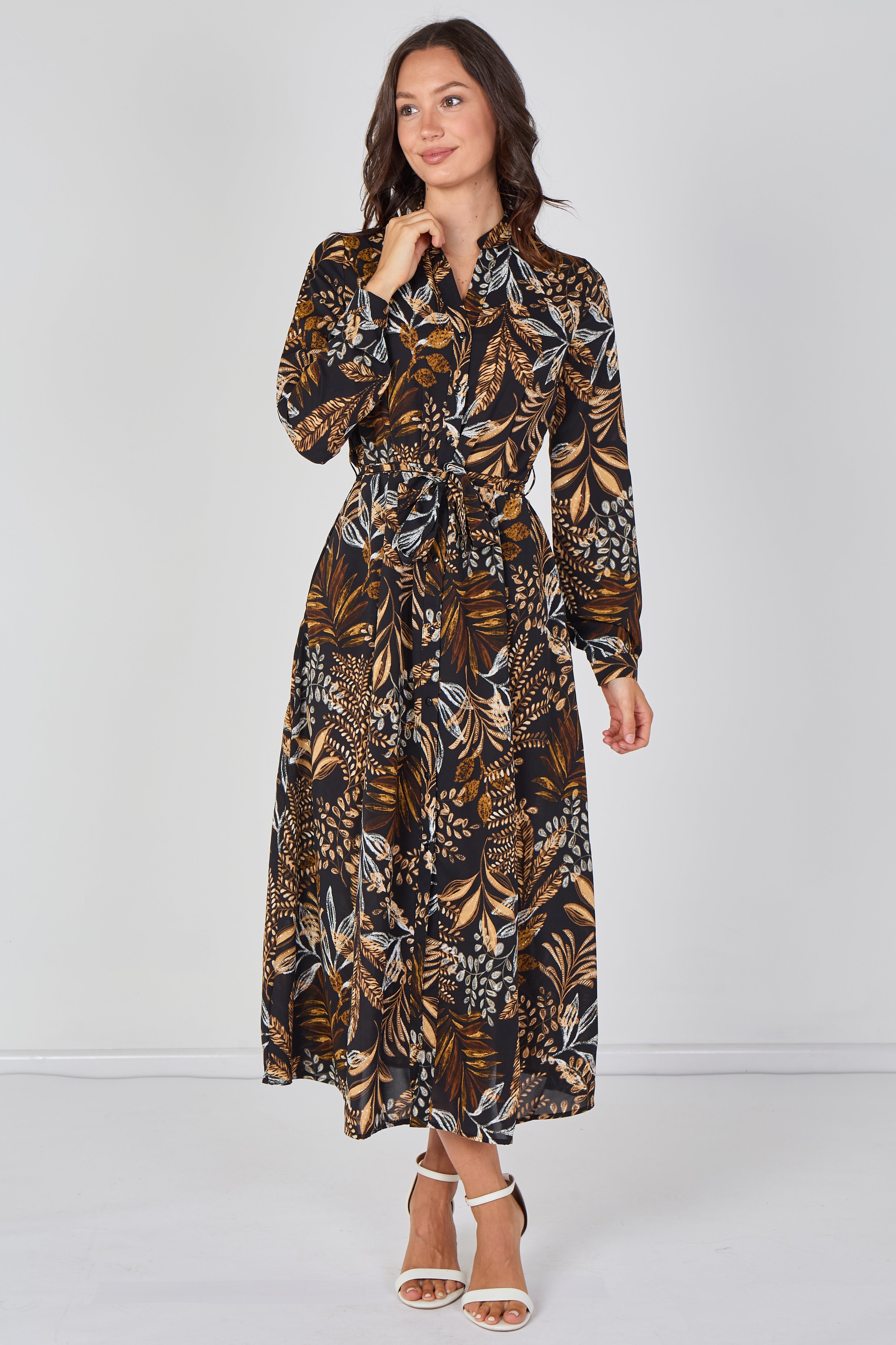 8Pcs Black Botanical Print Belted Maxi Shirt Dress