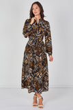 8Pcs Black Botanical Print Belted Maxi Shirt Dress