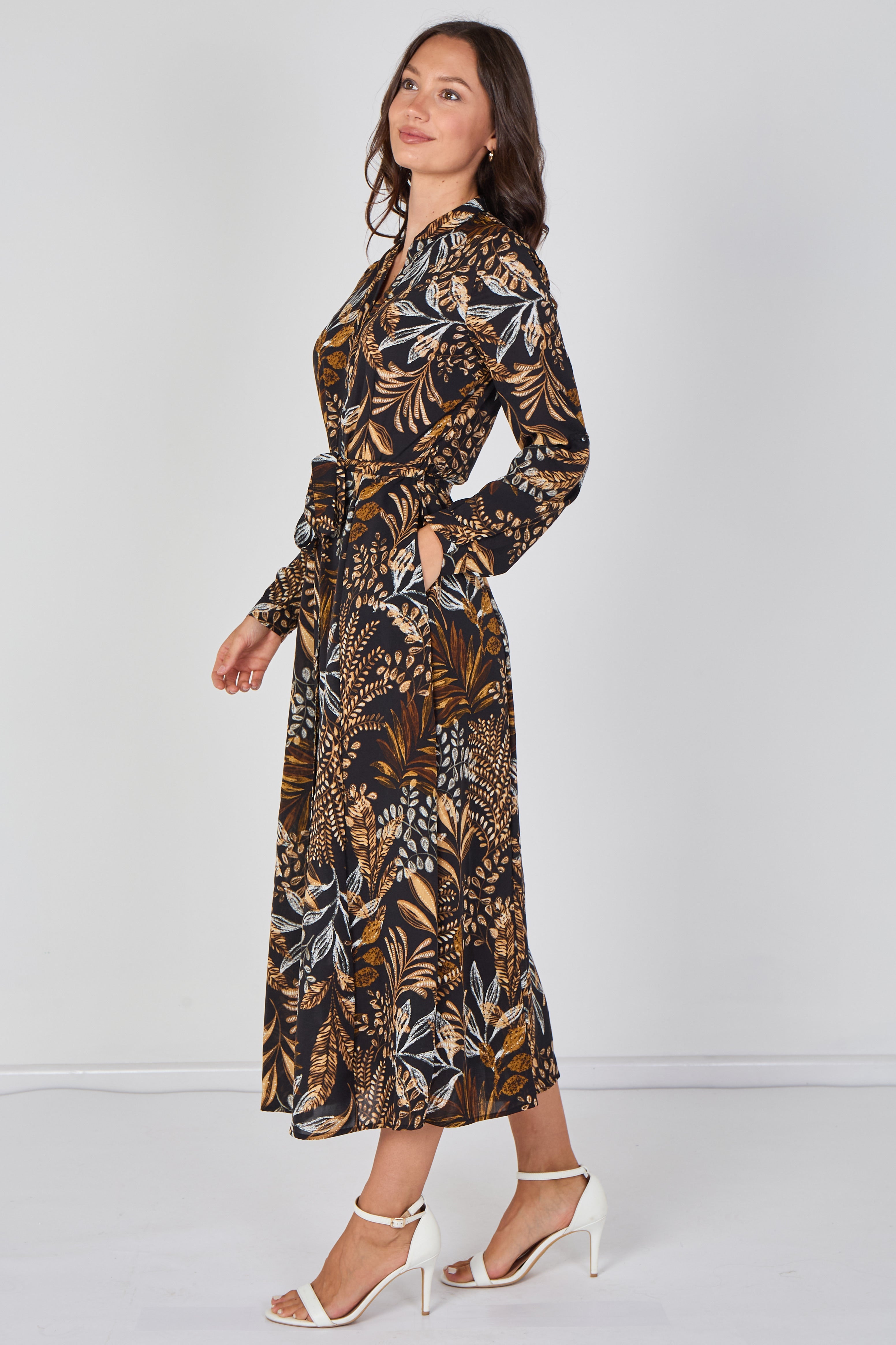 8Pcs Black Botanical Print Belted Maxi Shirt Dress